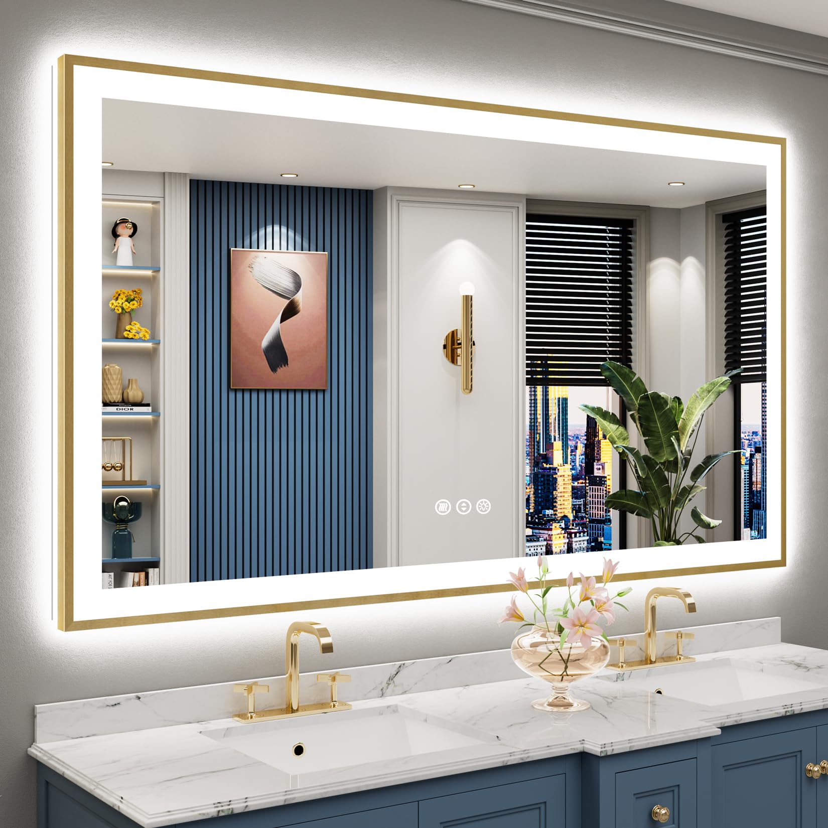 24x36 Gold Beveled LED Bathroom Mirror with Lights, Brushed Gold Framed Backlit and Front Lit Anti-Fog Lighted Vanity Mirrors for Bathroom Wall, Dimmable, 3 Colors, Memory, HD Tempered Glass
