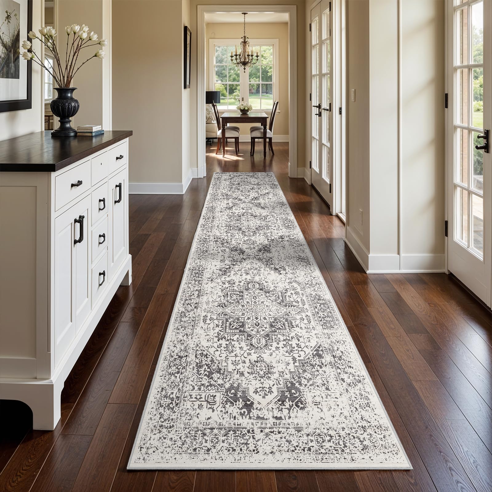 2x5 Washable Kitchen Runner Rug - Soft Low Pile Floral Animal Cat Print Rugs with Non-Slip Backing Waterproof Stain-Resistant Indoor Carpet for Hallway Entryway Bathroom Bedroom (Black)