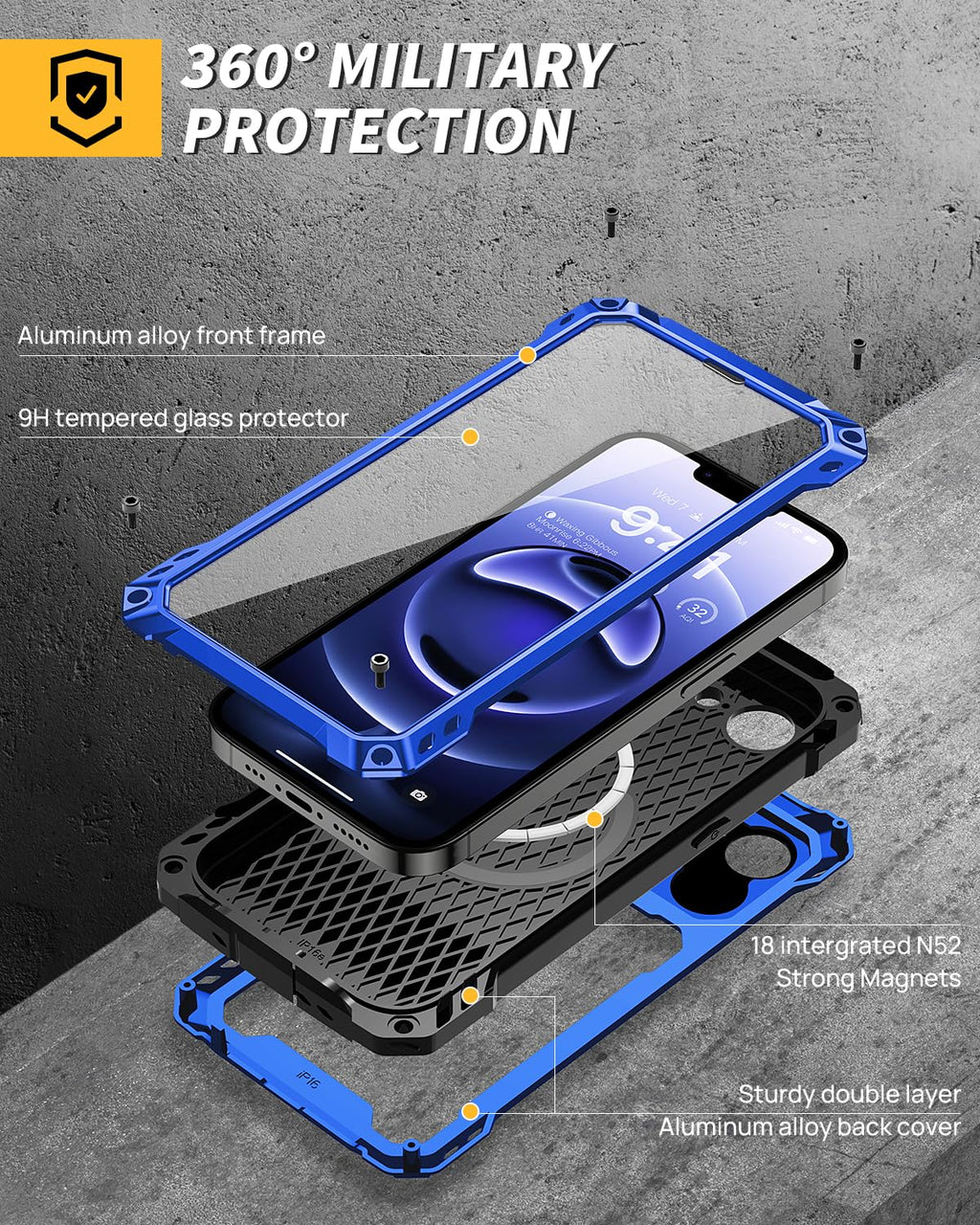 Lanhiem for iPhone 16 Metal Case with Camera Cover & Stand [Compatible with MagSafe] [Built-in Kickstand] [Military-Grade Protection] Heavy Duty Rugged Magnetic Phone Case, Black