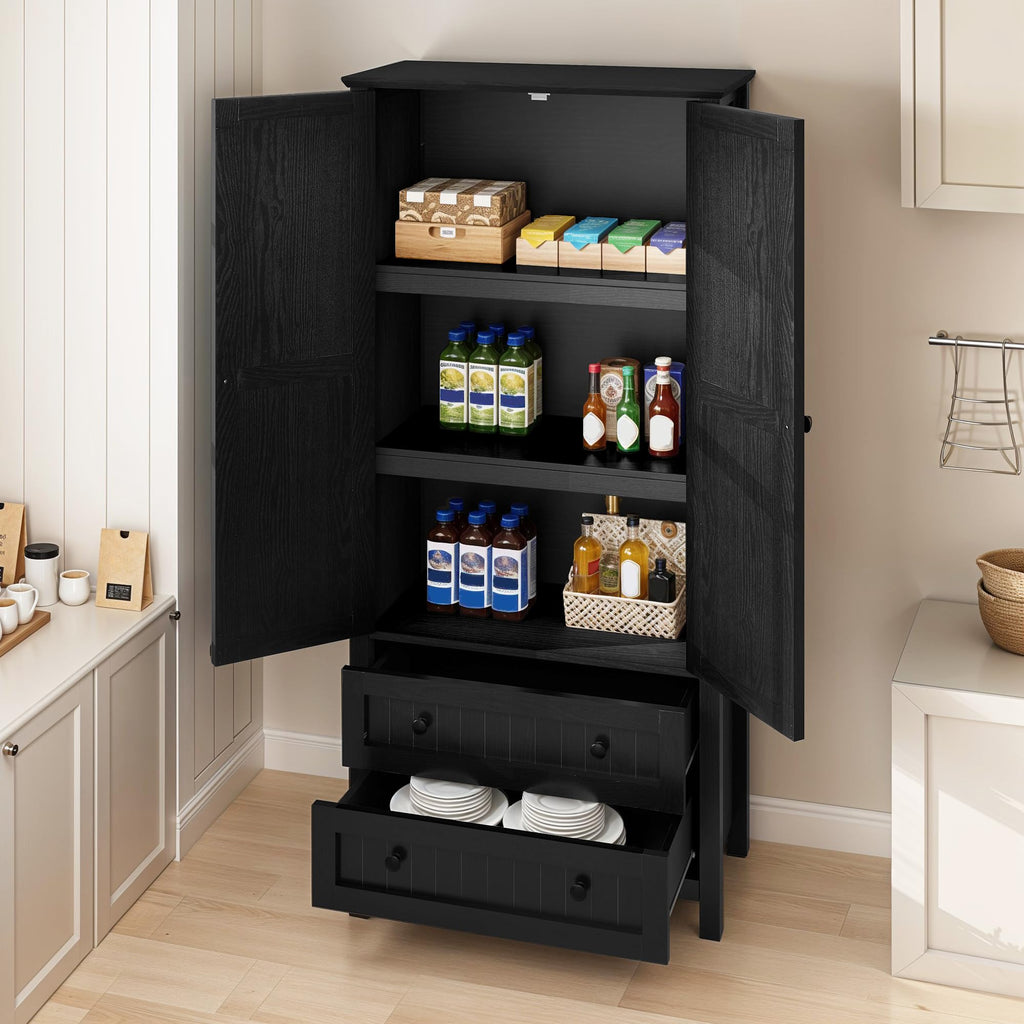 DWVO Farmhouse Kitchen Pantry Cabinet, 64.5" Tall Storage Cabinet with 2 Drawers and Adjustable Shelves, Versatile Storage for Living Room, Dining Room or Hallway, Oak Black