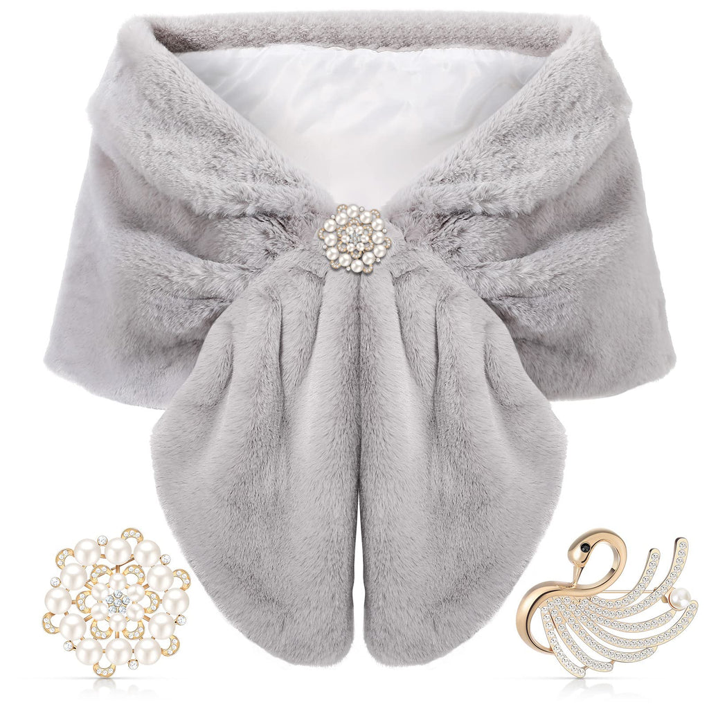 Geyoga Faux Fur Shawl Wrap Stole Shrug Winter Bridal Wedding Scarf Wrap with Faux Pearl Rhinestone Brooches for Women 1920s