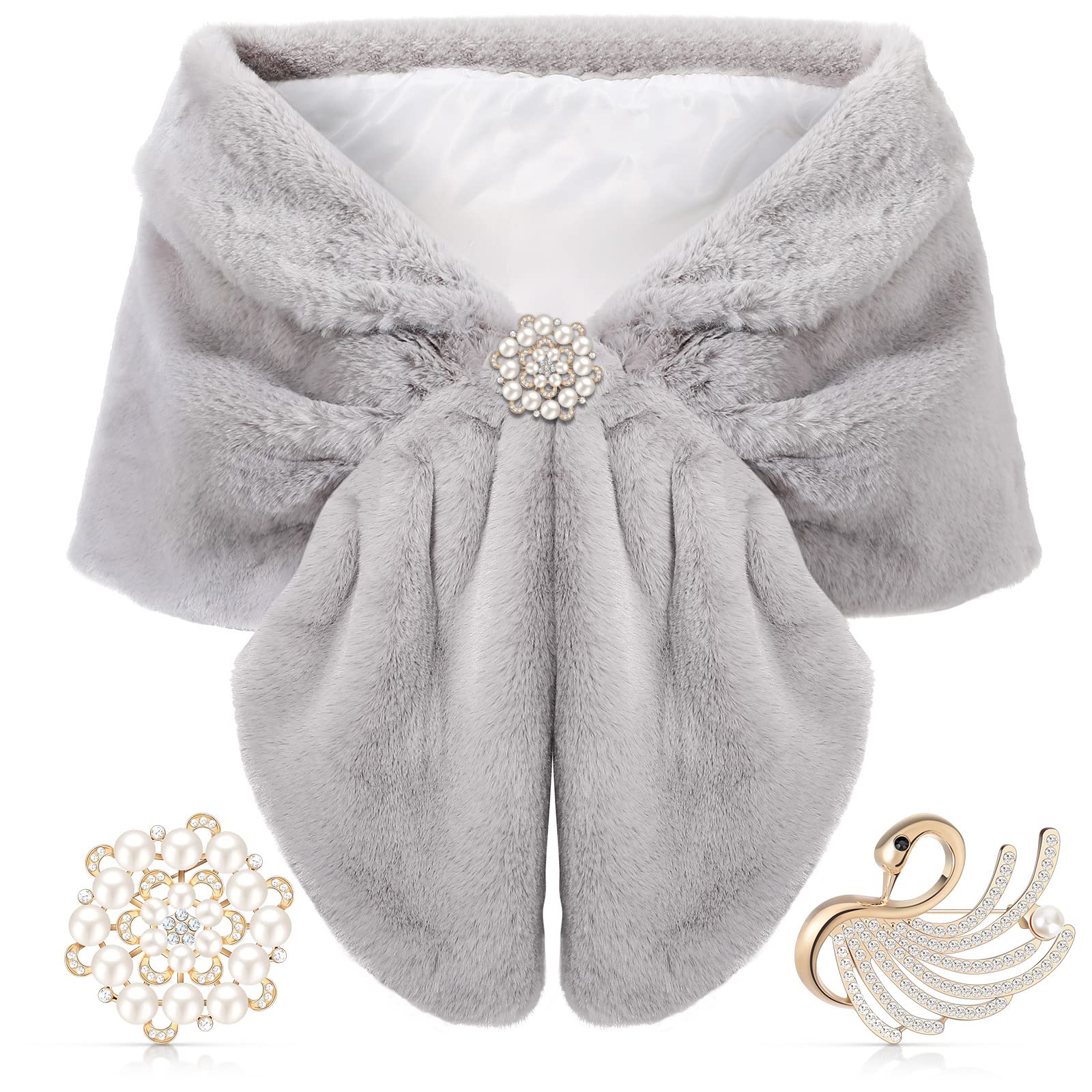 Geyoga Faux Fur Shawl Wrap Stole Shrug Winter Bridal Wedding Scarf Wrap with Faux Pearl Rhinestone Brooches for Women 1920s