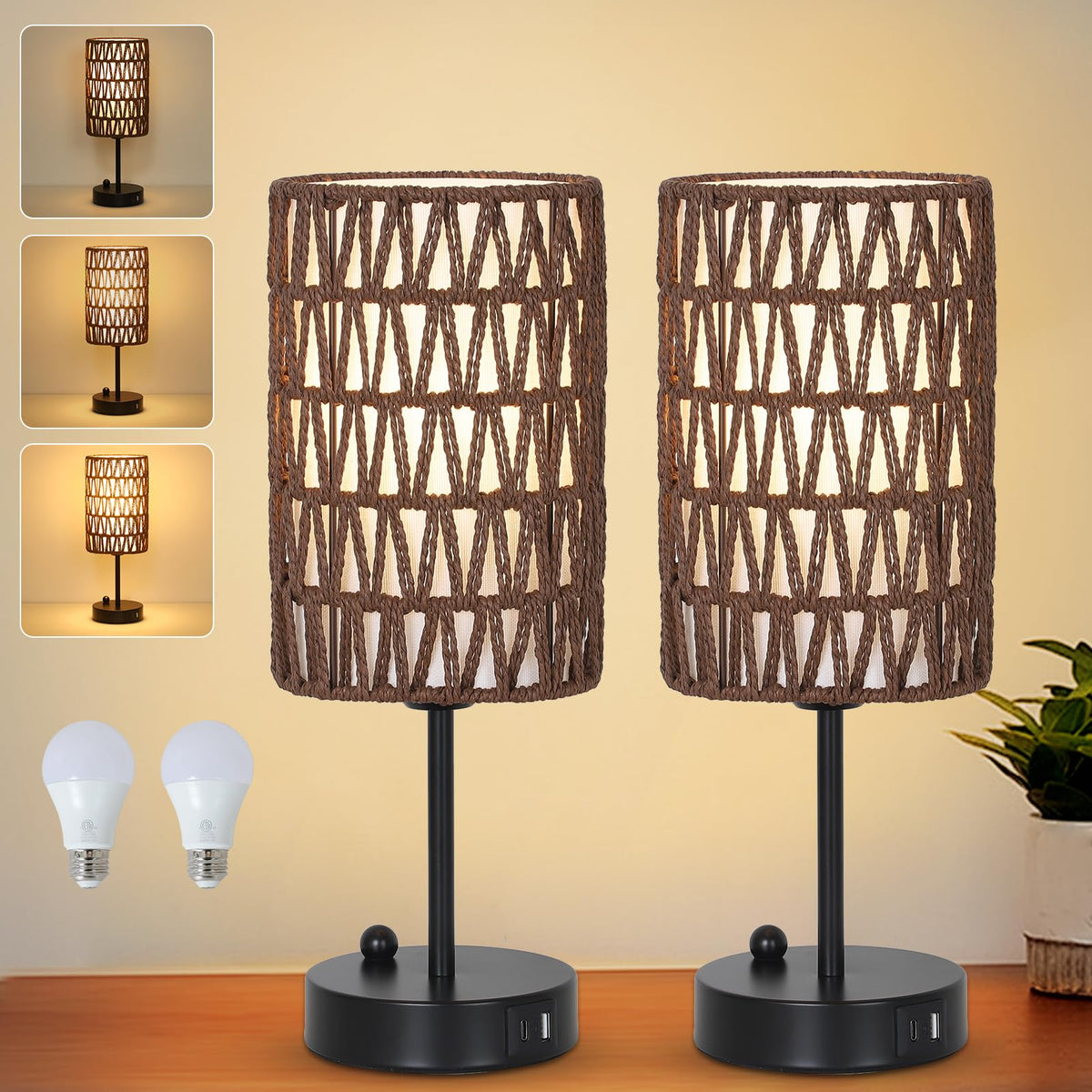 Rattan Bedside Table Lamps Set of 2 - Boho Lamps With 3 Color Temperatures & USB AC Port, Pull Chain Table Lamp For Bedroom, Cute Small Lamp For Nightstand Office Desk Bed Side End Table Living Room
