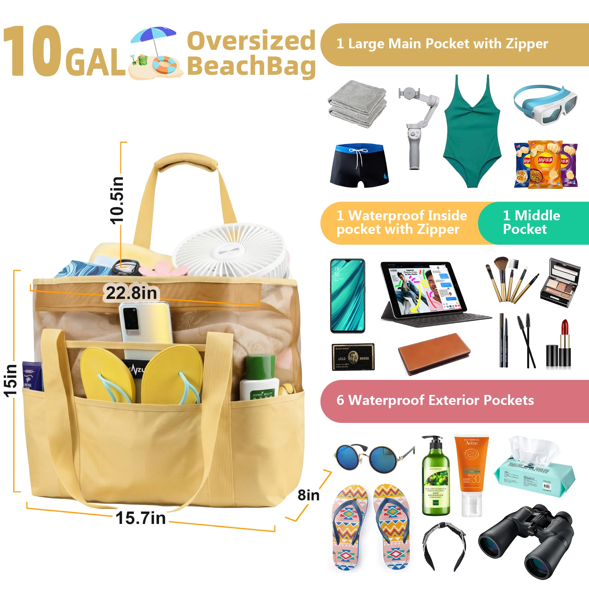 Mesh Beach Bag - Large Waterproof Beach Tote Bag with Zipper, Oversized Foldable Lightweight Family Swim Bag Vacation