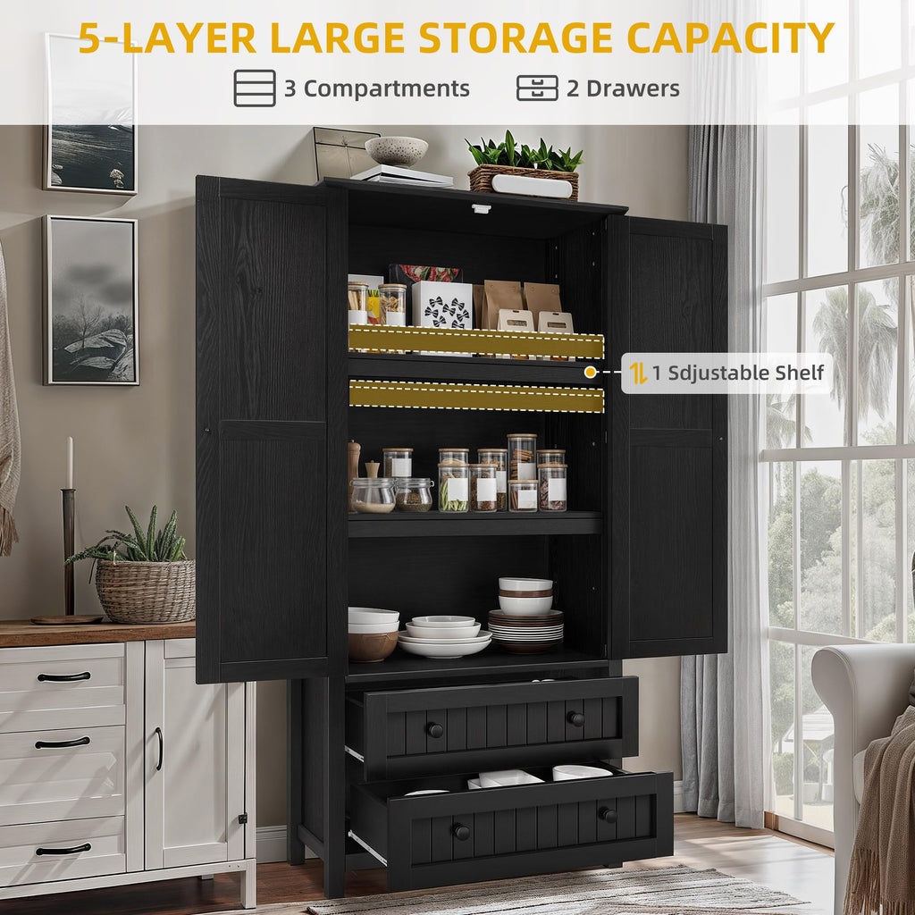 DWVO Farmhouse Kitchen Pantry Cabinet, 64.5" Tall Storage Cabinet with 2 Drawers and Adjustable Shelves, Versatile Storage for Living Room, Dining Room or Hallway, Oak Black