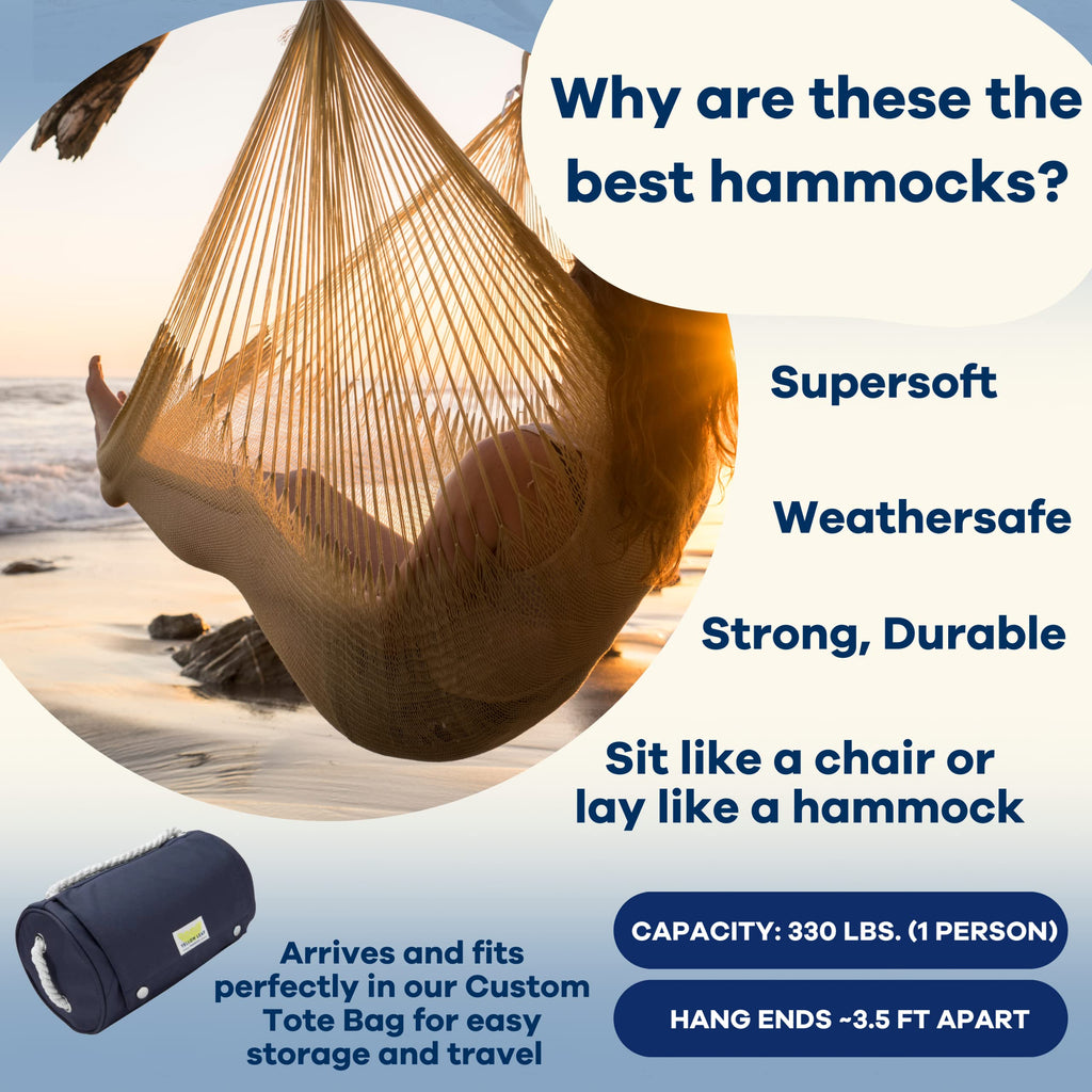 Handwoven Hanging Chair by Yellow Leaf Hammocks - Fits 1 Person, 330lb Max - Kick Back for Full-Body Recline - Weathersafe, Ultra Soft, Hang Anywhere - Color: Natural Khaki