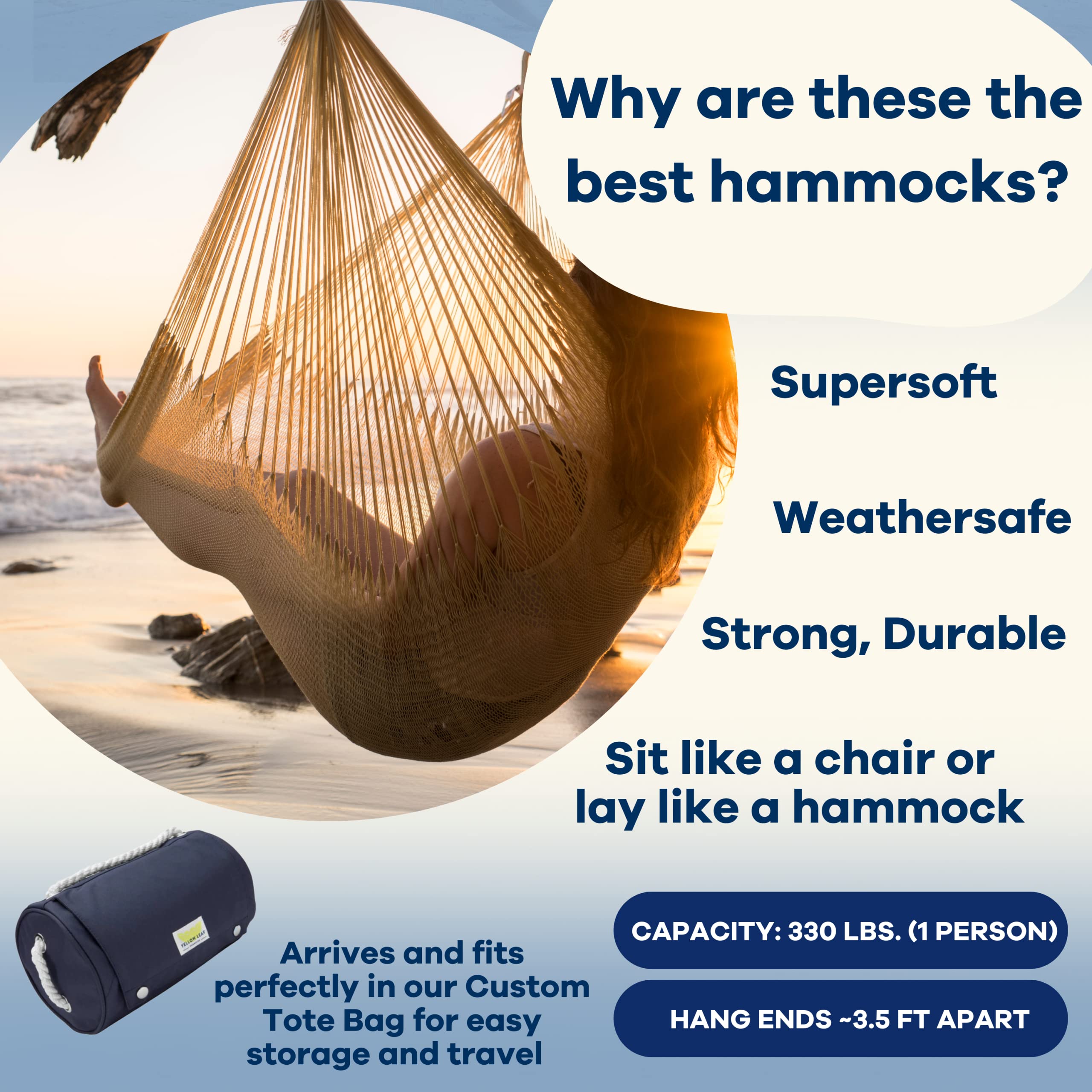 Handwoven Hanging Chair by Yellow Leaf Hammocks - Fits 1 Person, 330lb Max - Kick Back for Full-Body Recline - Weathersafe, Ultra Soft, Hang Anywhere - Color: Natural Khaki