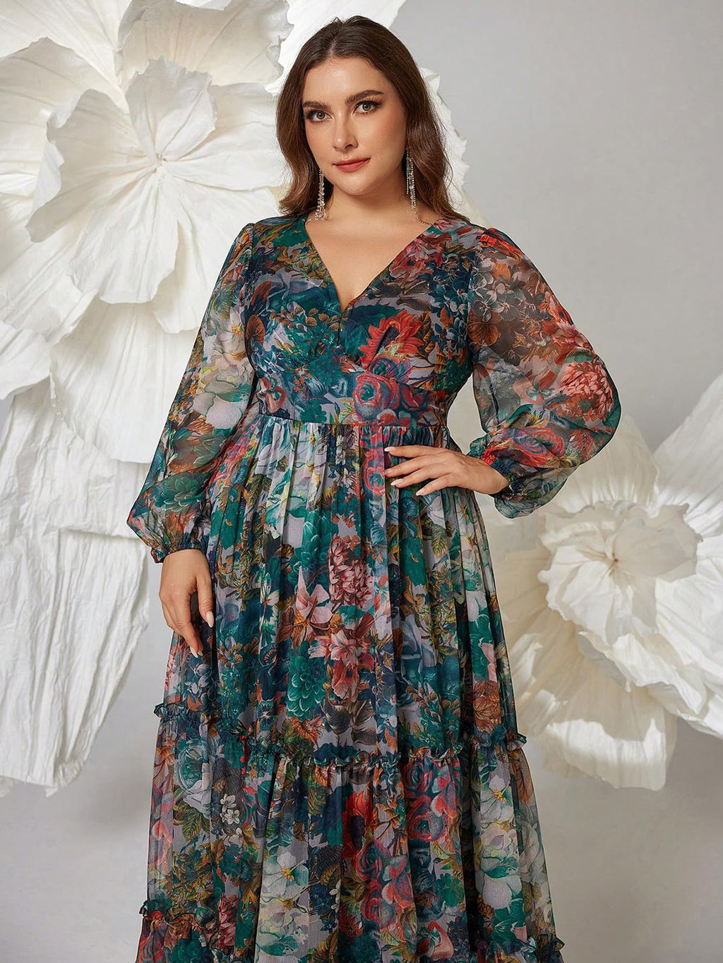Spring Summer 2024 Plus Size Womens Dresses V Neck Casual Elegant Long Sleeve Floral Print Maxi Dress