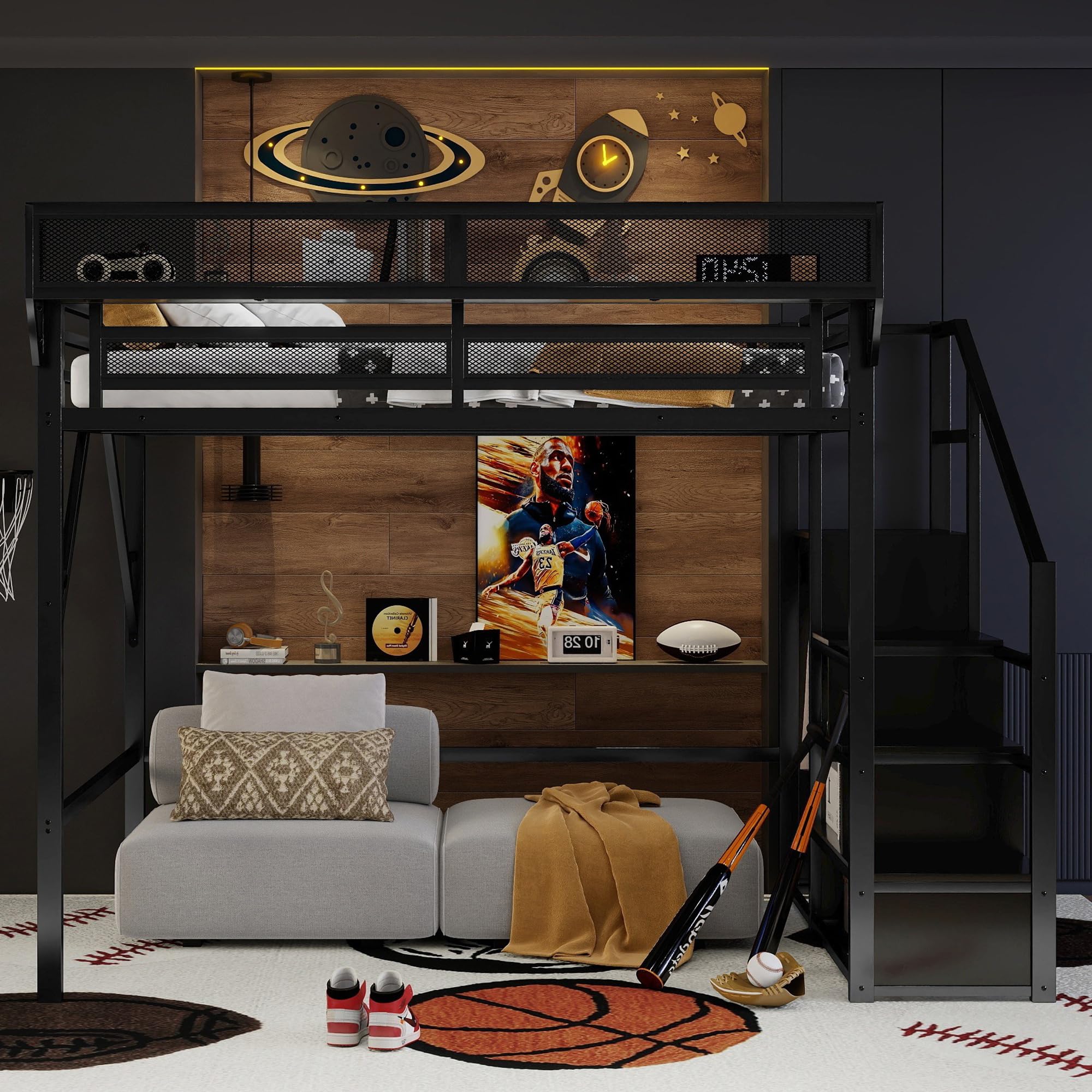 Mirightone Full Size Loft Bed with Stairs, Metal Loft Beds, High Loft Bed Frame with Storage Shelves, Lofted Full Bed with Wardrobe for Kids and Teens, No Box Spring Needed (Black)