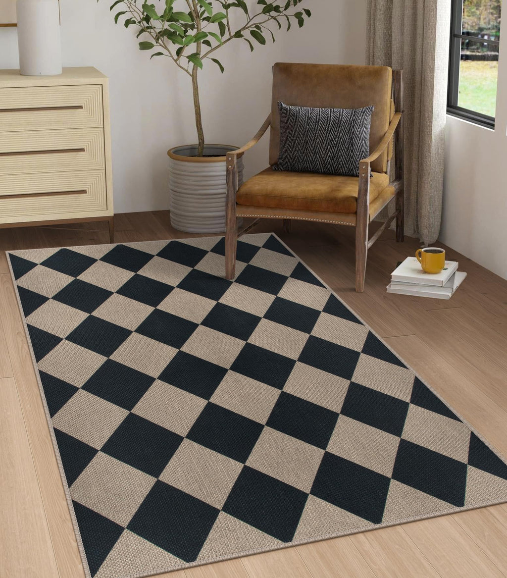 Rugalia Easy Jute Checkered Entryway Rug, 2x3 Black Modern Indoor Outdoor Doormat, Washable Non-Slip Neutral Small Kitchen Rug Farmhouse Diamond Throw Rugs for Entrance Bedroom Bathroom