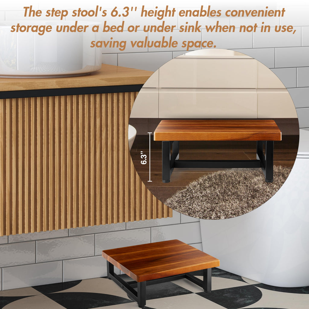 FANATU 13'' Wooden Step Stool, One Step Stool for Adults, Wooden Beside Step Stool with 550 Load Capacity (Acacia, 6.3 in – Metal Legs)