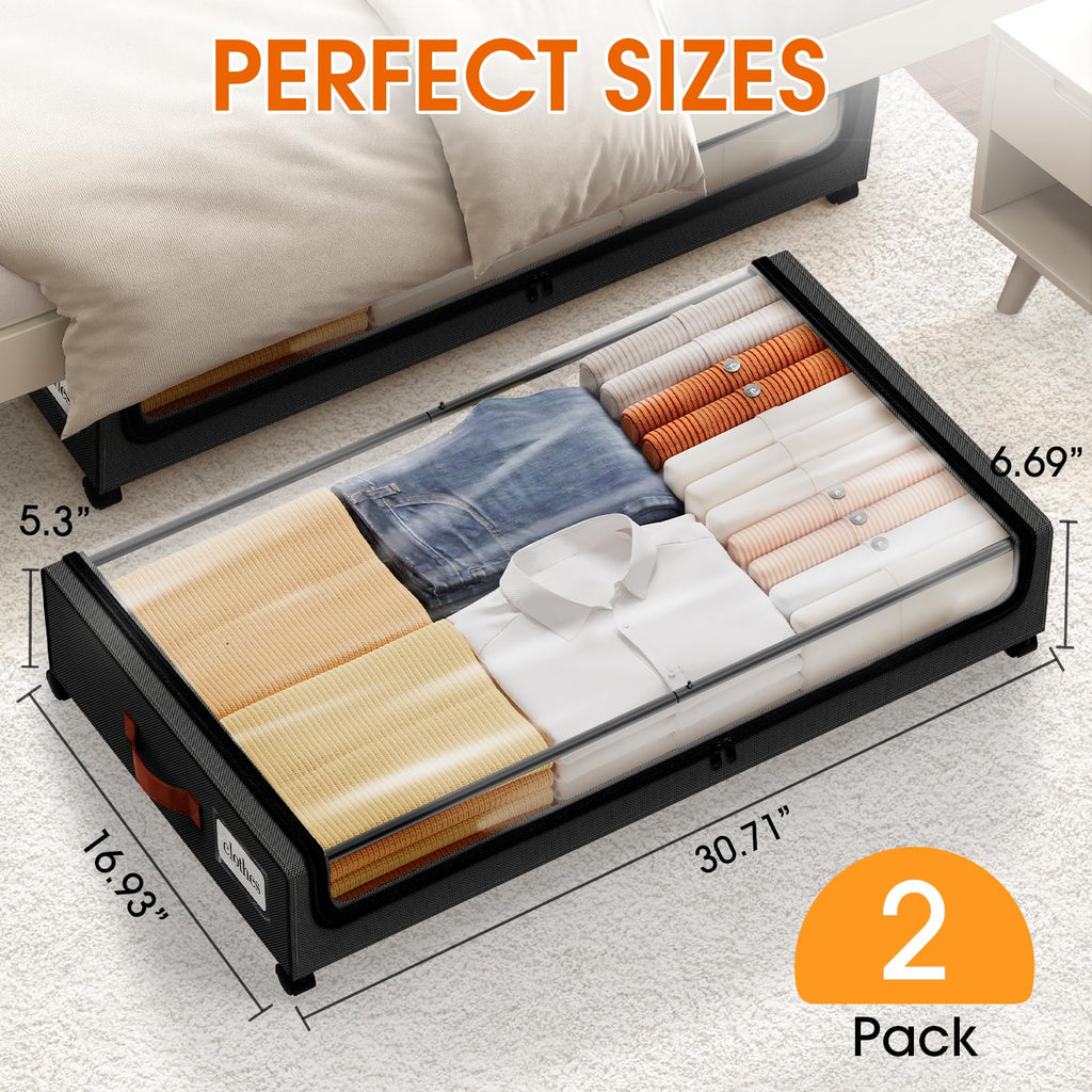 SpaceHacks Under Bed Storage with Wheels 1Pack Underbed Storage with Clear Window&Label Under Bed Drawers Large Capacity Rolling Under Bed Storage for Clothes,Shoes, Blankets (Beige)