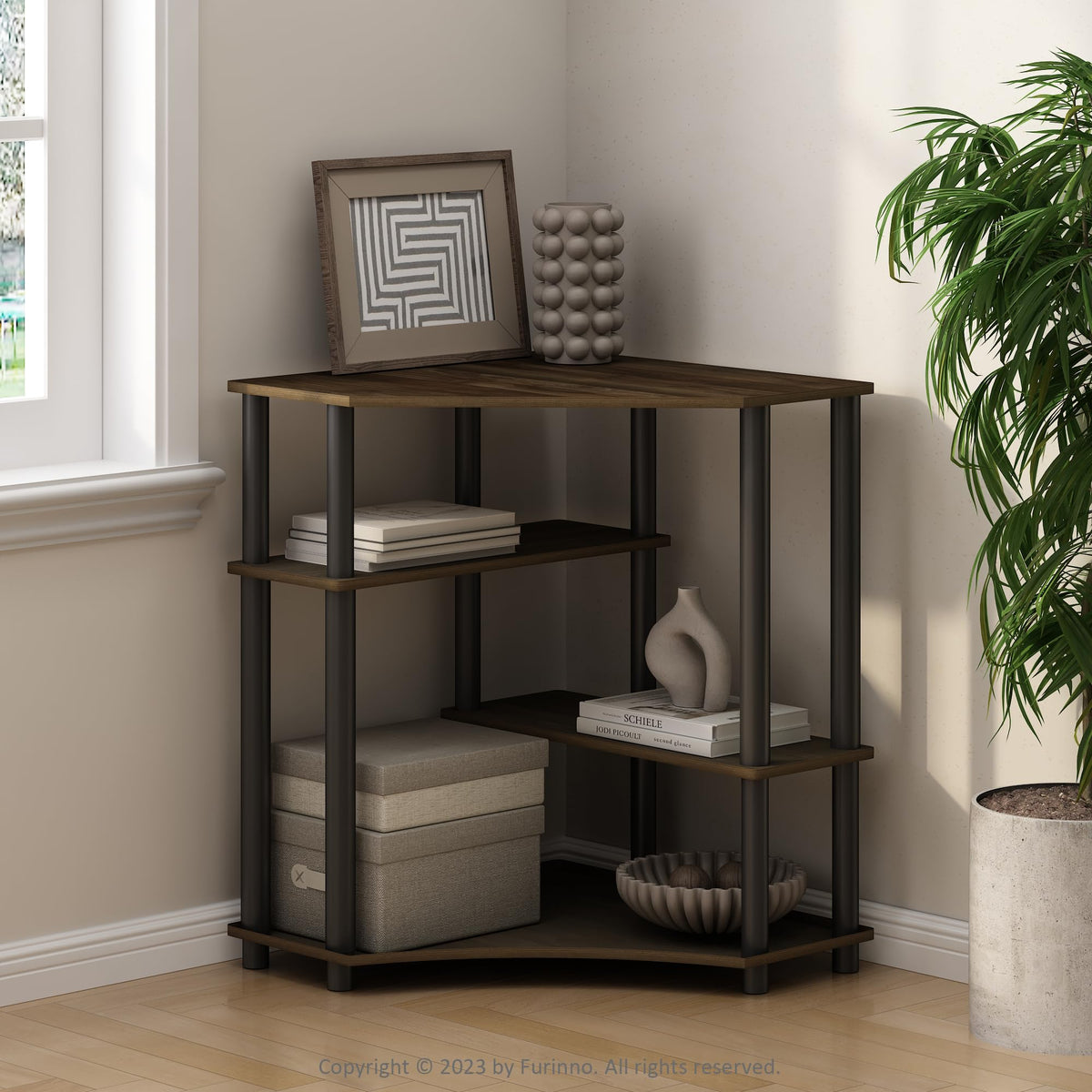 Furinno Turn-N-Tube Book Shelf, 4-Tier Bookshelf, Bookcase with Multipurpose Compact Display Rack, 11.6 x 23.6 x 43.2, for Living Room, Bedroom, Home Office, Americano/Black