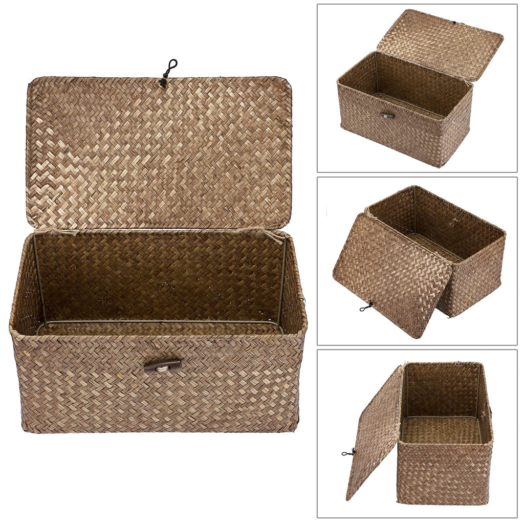 Sumnacon Wicker Basket with Lid Rectangle Woven Baskets for Toiletries Tampon Storage,Wicker Storage Basket with Lid,Decorative Seagrass Storage Baskets for Shelf Bathroom Toilet Table, Caramel