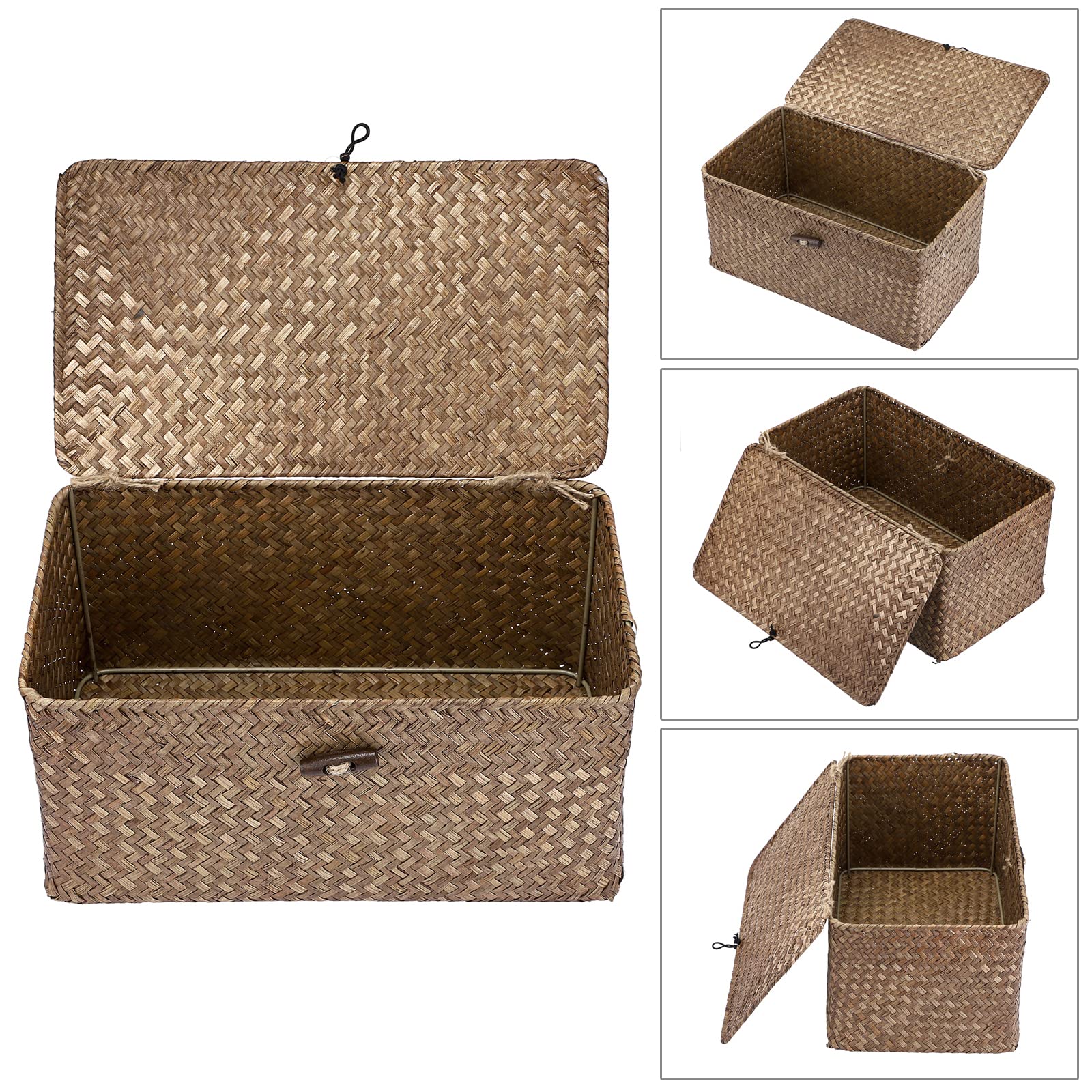 Sumnacon Wicker Basket with Lid Rectangle Woven Baskets for Toiletries Tampon Storage,Wicker Storage Basket with Lid,Decorative Seagrass Storage Baskets for Shelf Bathroom Toilet Table, Caramel