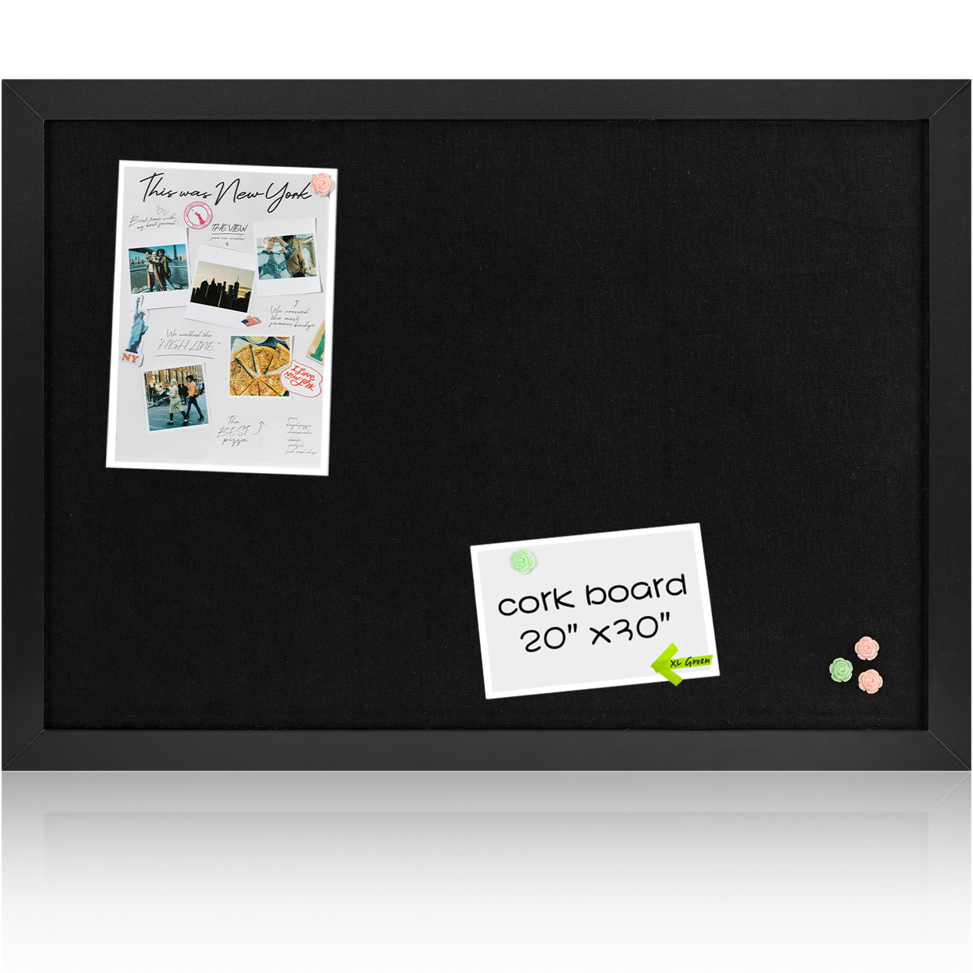 Black Cork Board Bulletin Board with Linen, Wood Framed 30" x 20" Corkboard, Office Board for Wall Decor, Wall Mounted Pin Board Picture Board with 20 Pushpins for School, Home & Office