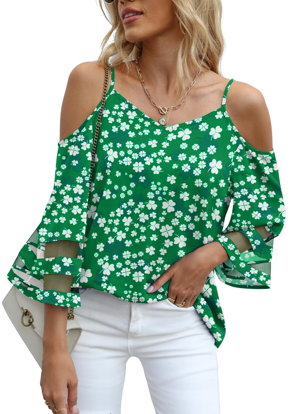 Jouica Womens Summer Cold Shoulder Tops Mesh Panel 3/4 Bell Sleeve Tees Adjustable Spaghetti Strap Loose Fit Shirts
