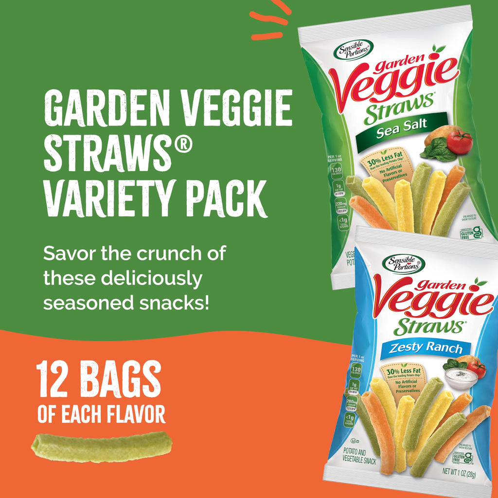 Sensible Portions Garden Veggie Snacks - Veggie Straws, Snack Size Variety Pack, Sea Salt & Zesty Ranch, 1 Oz (Pack of 24)