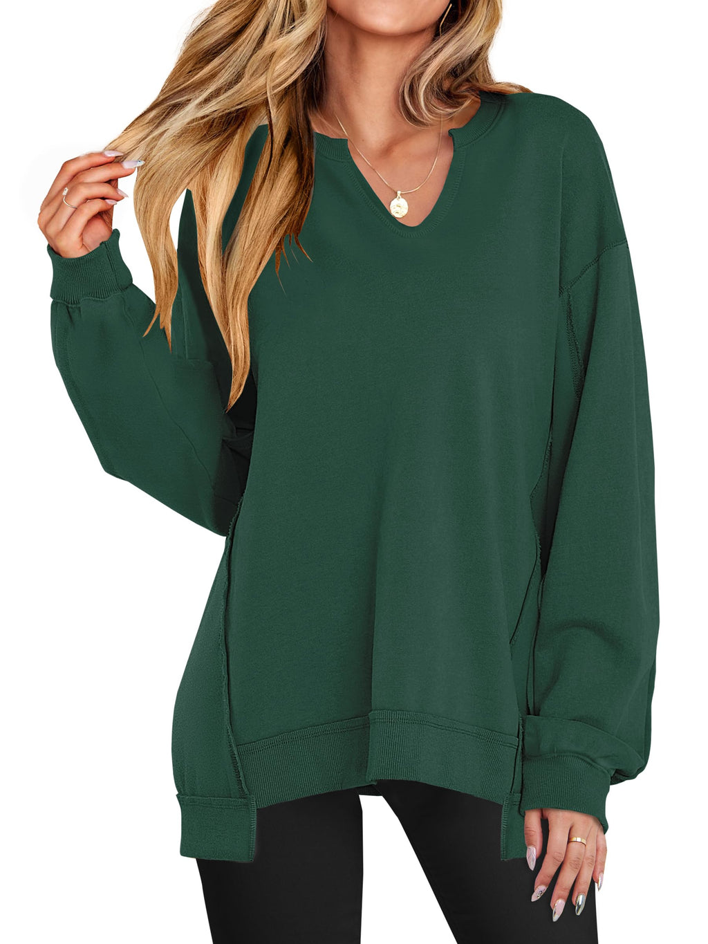ANRABESS Women's Long Sleeve V-Neck Oversized Sweatshirts | Soft Lightweight Loose Fit Pullover Tops, Casual School Workout Office Tunic Shirts, Teen Girls Outfit, Fall Winter Clothes