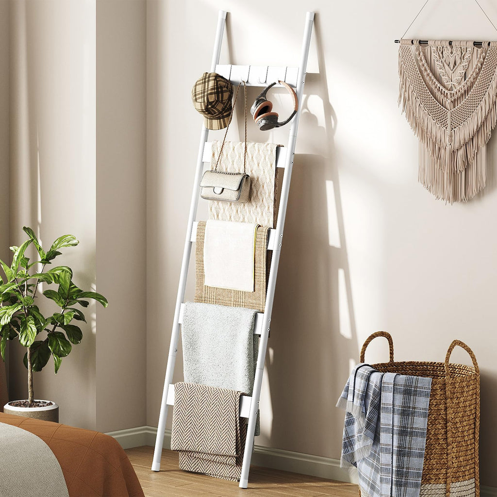 HOOBRO Blanket Ladder, 5-Tier Towel Rack with Hooks, Wall-Leaning Blanket Rack, Decorative Display Ladder Shelf, Scarves, Industrial, Living Room, Bedroom, Black BB52CJ01