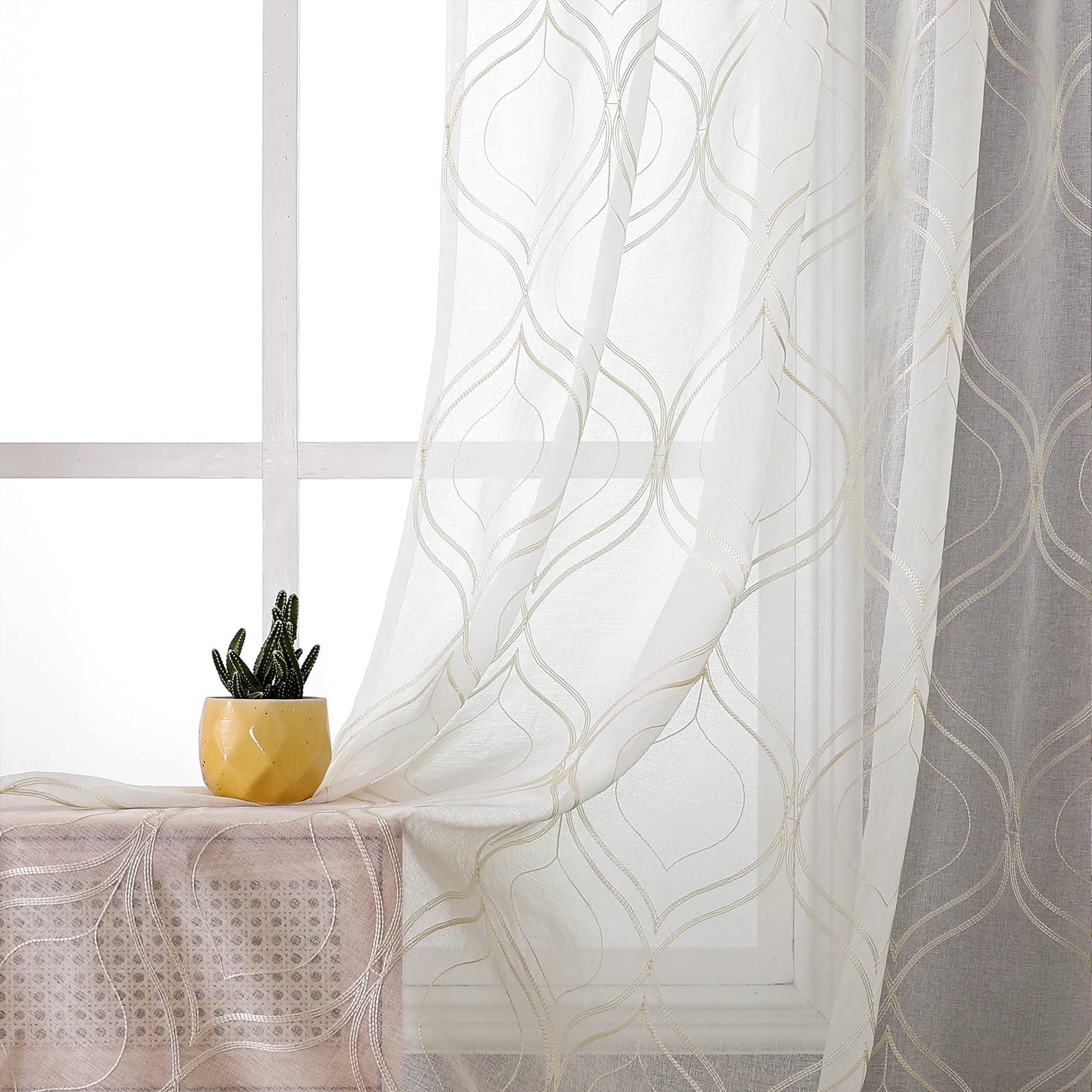 VISIONTEX Sheer Curtains 63 Inches Long 2 Panels Set, Beige and Ivory Moroccan Embroidery Texture Geometric Rod Pocket White Voile Tulle Semi Window Treatment Pair for Bedroom, W54 x L63