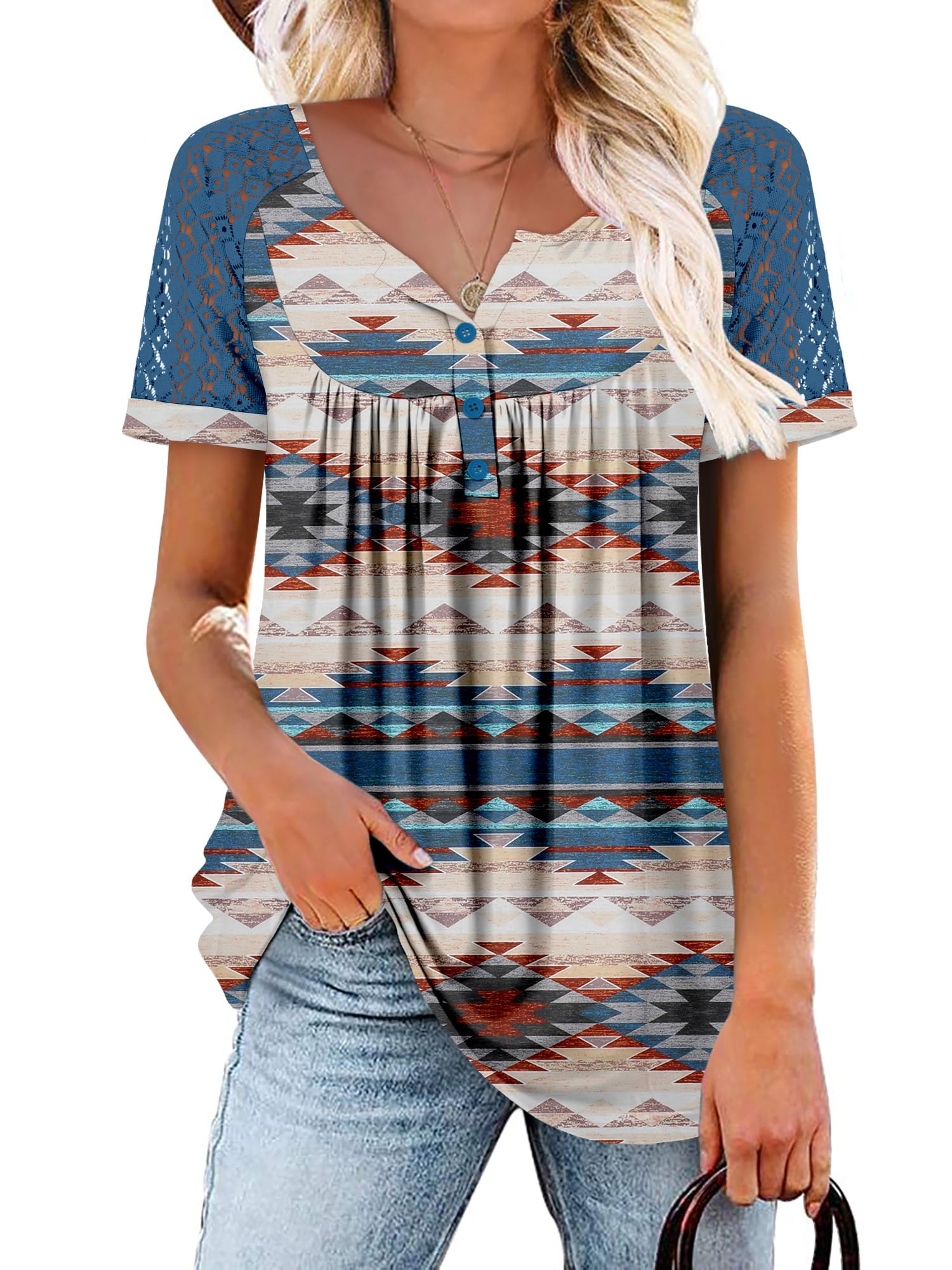 Mystry Zone Womens Henley V Neck Casual Blouse Button Down T Shirts Flare and Flowy Tops