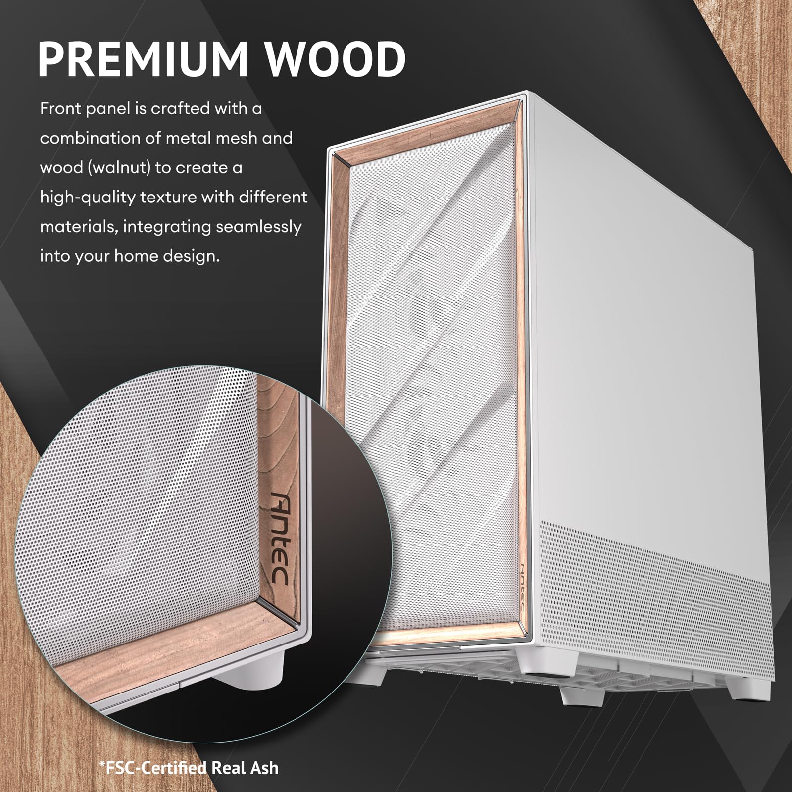 Antec Flux Pro, 6 x PWM Fans Included, High-Airflow Front Panel with Walnut Wood, iShift PSU 90° Mount, USB3.0 x 2, Type-C, 420mm Radiator Support, Temp. Display, Full-Tower E-ATX PC Case