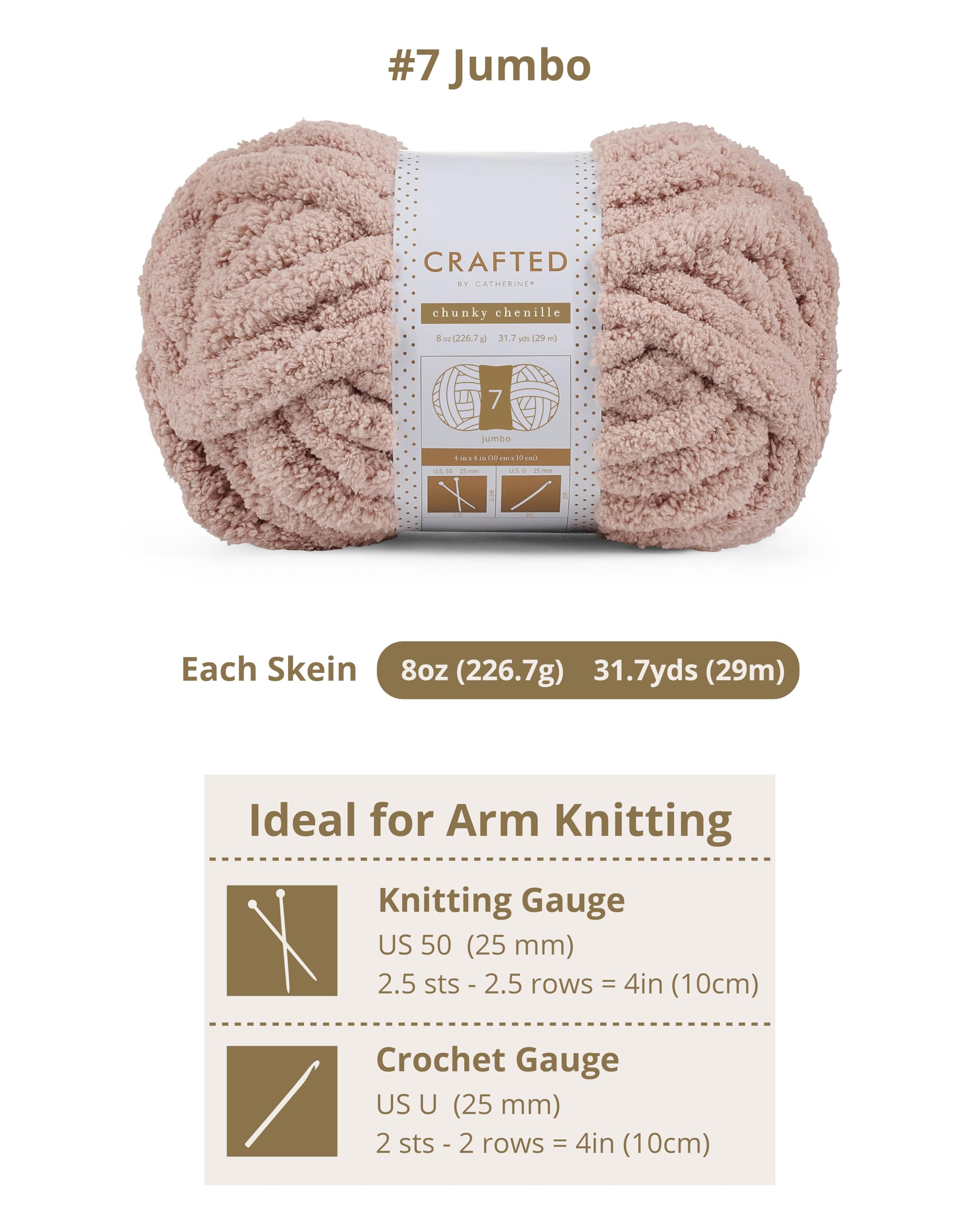 Crafted By Catherine Chunky Chenille Yarn - 2 Pack (8 oz / 227 g, 31.7 Yards Each Skein), Beige, Gauge 7 Jumbo
