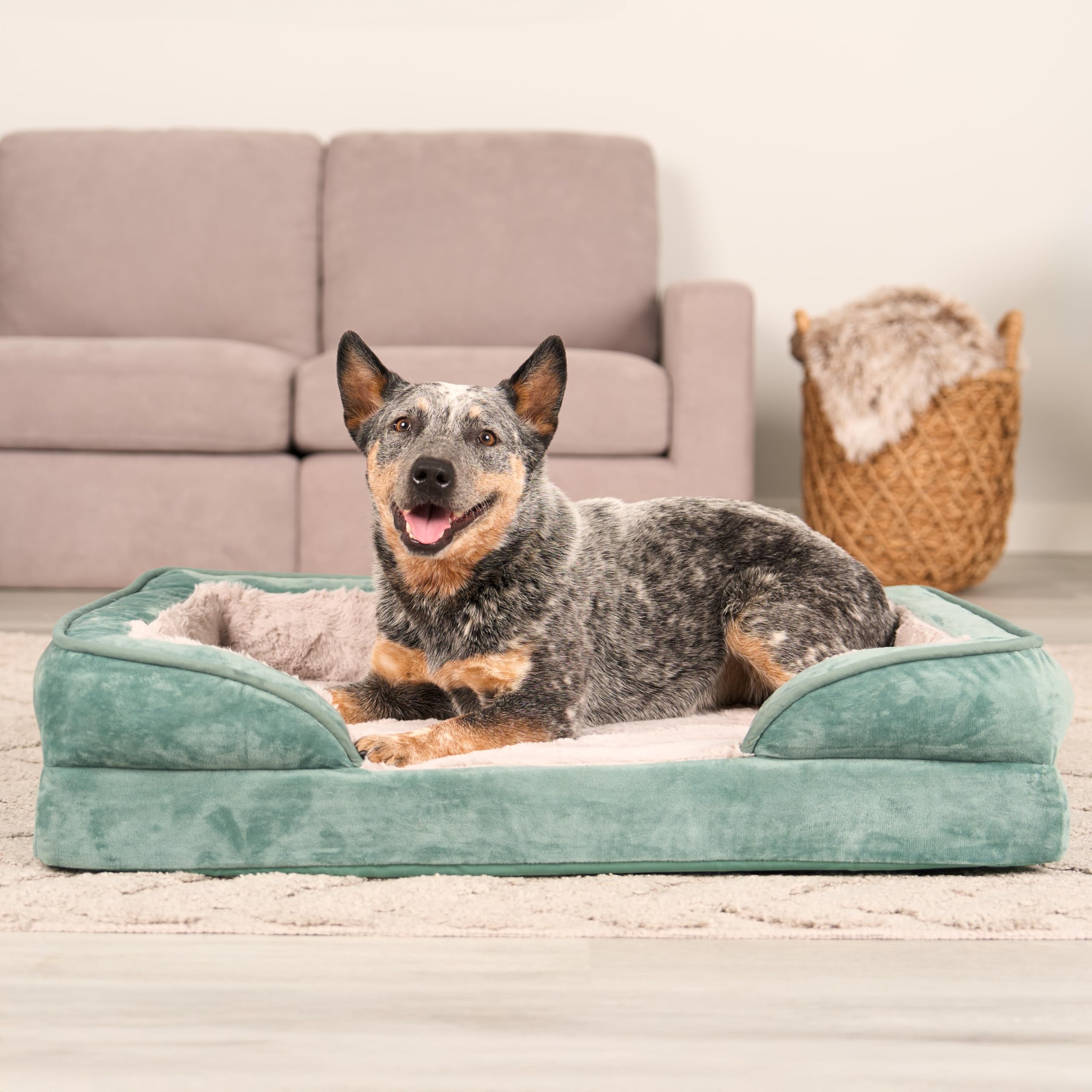 Furhaven Cooling Gel Dog Bed for Medium/Small Dogs w/ Removable Bolsters & Washable Cover, For Dogs Up to 35 lbs - Plush & Velvet Waves Perfect Comfort Sofa - Brownstone, Medium