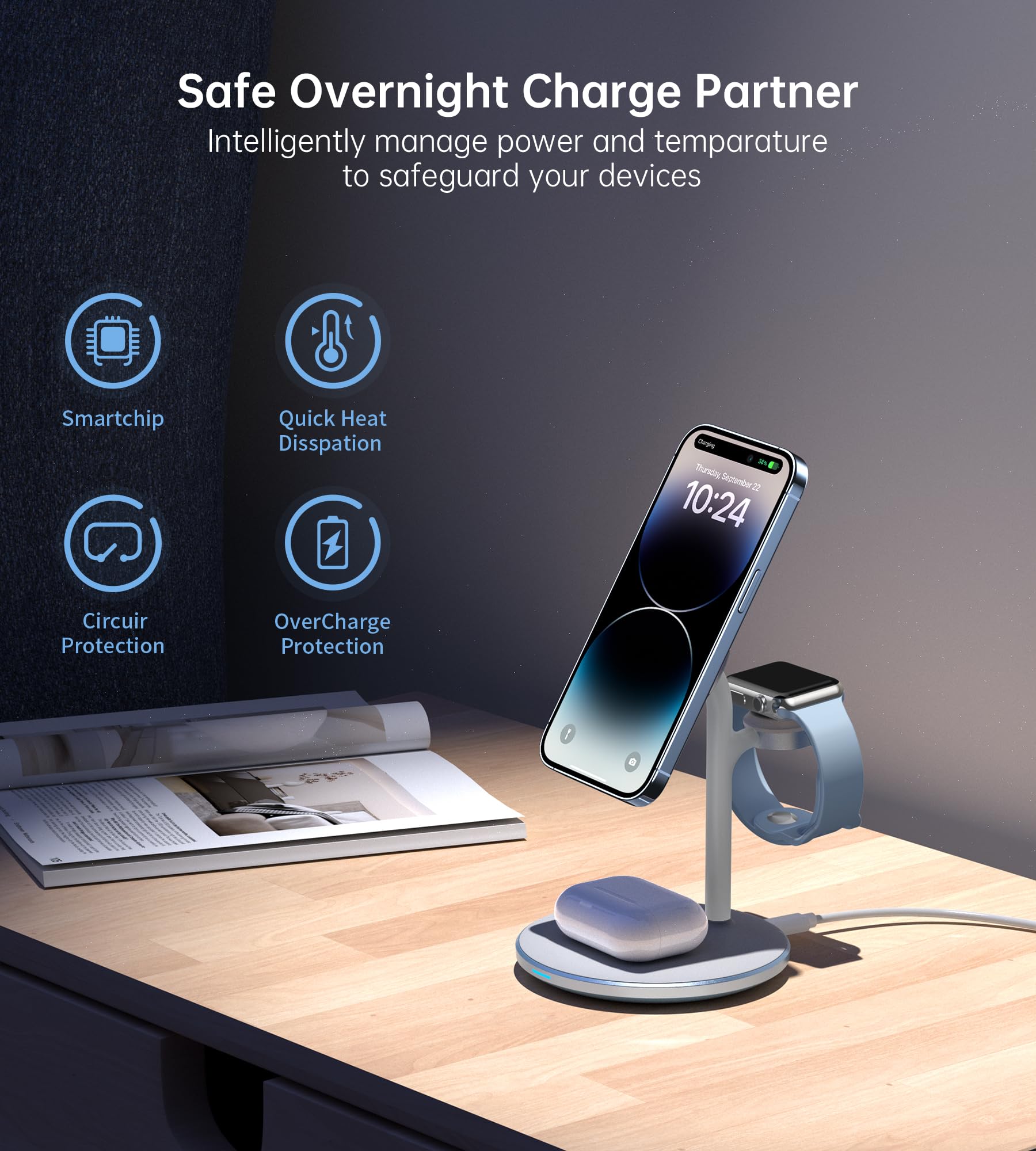 XooFly 3 in 1 Wireless Charging Station for Apple Devices, Fast Wireless Mag-Safe Charger Stand with 20W Adapter for iPhone 17/16 15 14 13 12 Pro Max/Pro/Plus/Air/Mini, iWatch, AirPods (Black)
