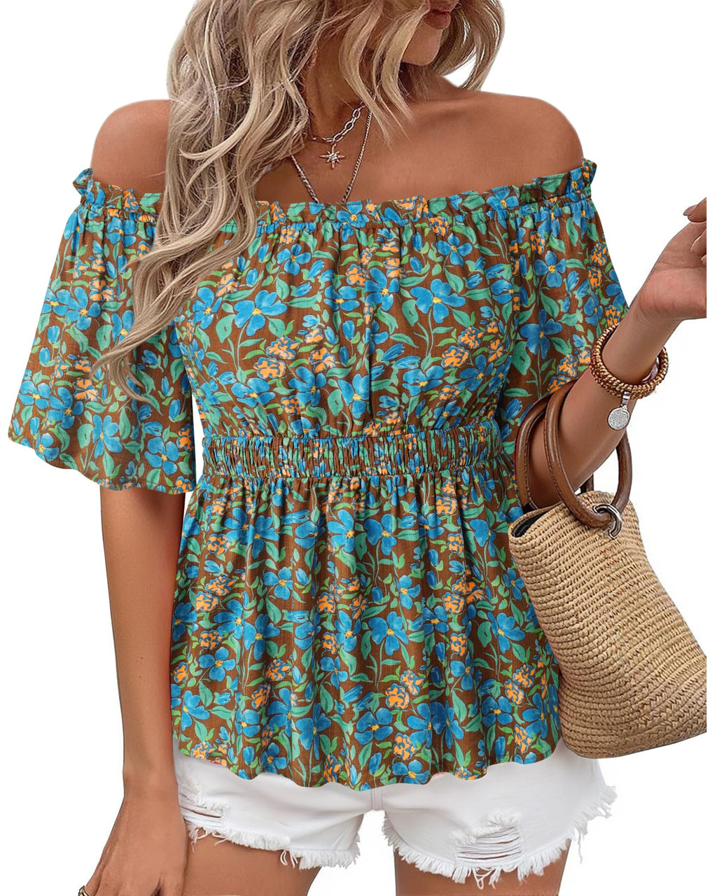 Bebonnie Women's Summer Sexy Off The Shoulder Peplum Tops Ruffle Sleeve Dressy Blouses