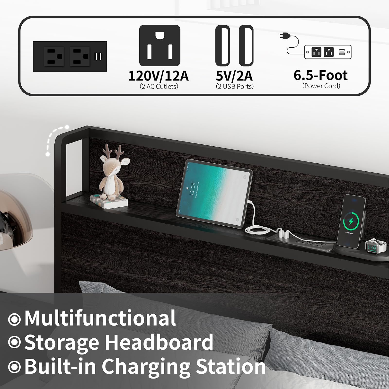 LUXOAK Full Size Lift Up Storage Bed, Wood Platform Bed Frame with Storage Headboard & Charging Station, No Box Spring Needed, Easy Assembly, Black