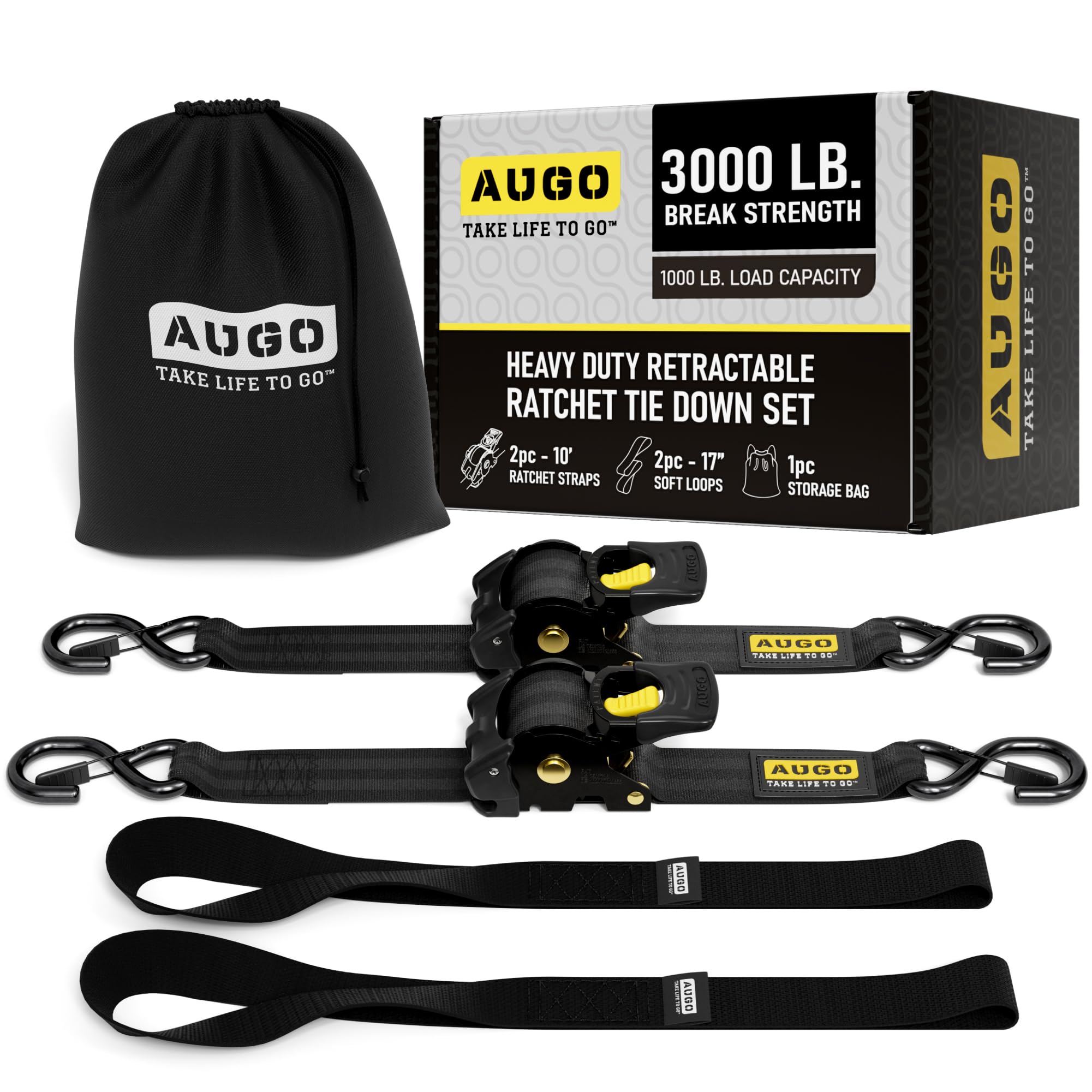 AUGO Retractable Ratchet Straps | 2 Heavy Duty Ratchet Straps Self Retractable Tie Downs with Soft Loops & Storage Bag for Motorcycle, Truck, Trailer, Cargo Van | 1200 Lb Break Strength 1” x 10’