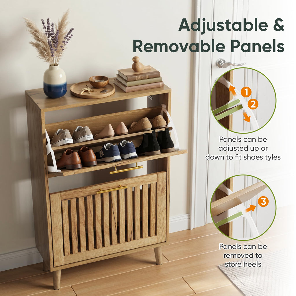 Smart FENDEE Shoe Cabinet with 2 Flip Slatted Drawers, Farmhouse Slim Shoe Organizer Rack with Golden Handles, Freestanding Hidden Entryway Storage for Hallway, Natural