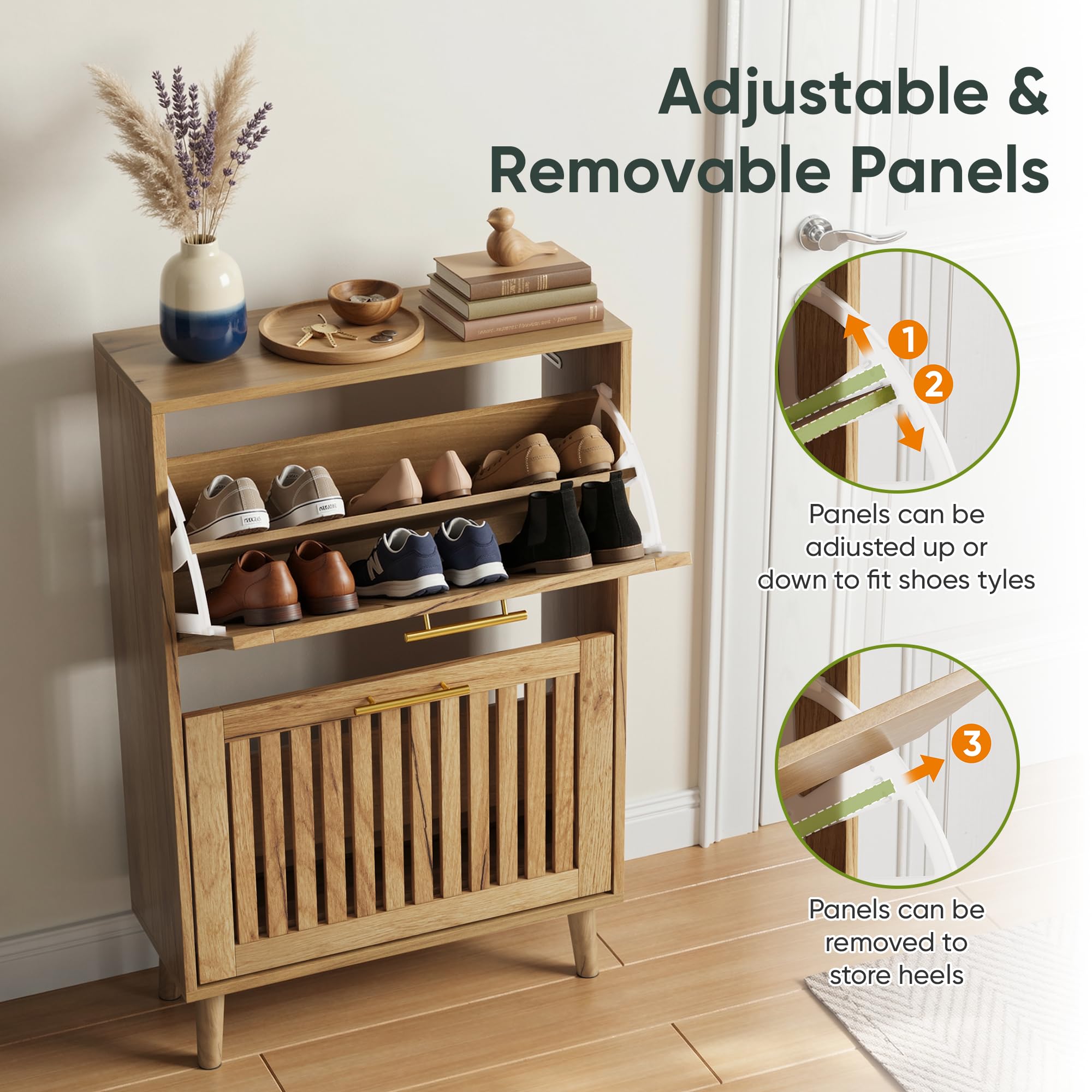 Smart FENDEE Shoe Cabinet with 2 Flip Slatted Drawers, Farmhouse Slim Shoe Organizer Rack with Golden Handles, Freestanding Hidden Entryway Storage for Hallway, Natural
