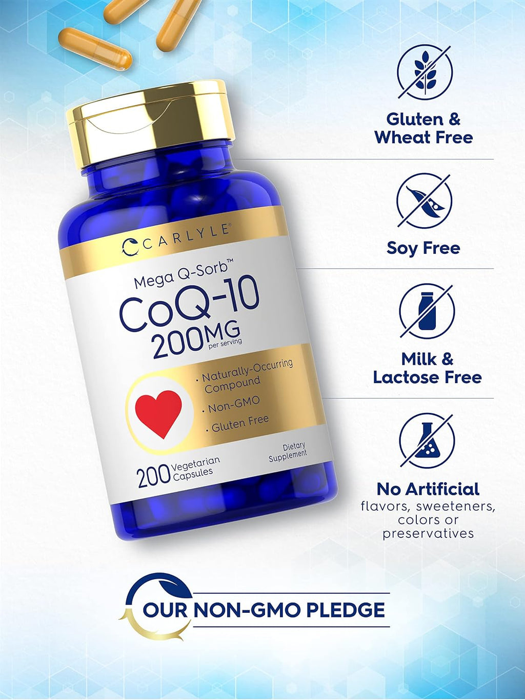 Carlyle CoQ10 200mg | 200 Capsules | Mega Q-Sorb Coenzyme Q-10 | Vegetarian, Non-GMO, Gluten Free Supplement