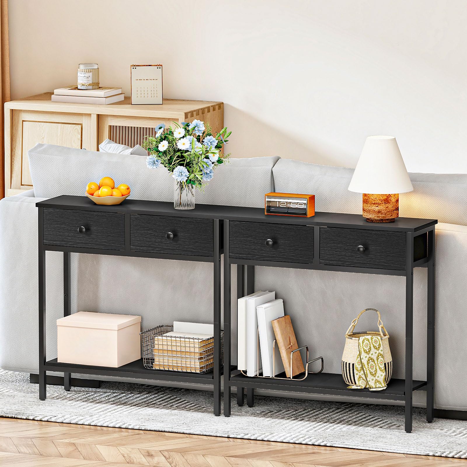 HOOBRO 29.5" Narrow Console Table with 2 Fabric Drawers, Small Entryway Table with 2-Tier Storage Shelves, Sofa Table, Behind Couch Table, for Living Room, Hallway, Black BB71XG01