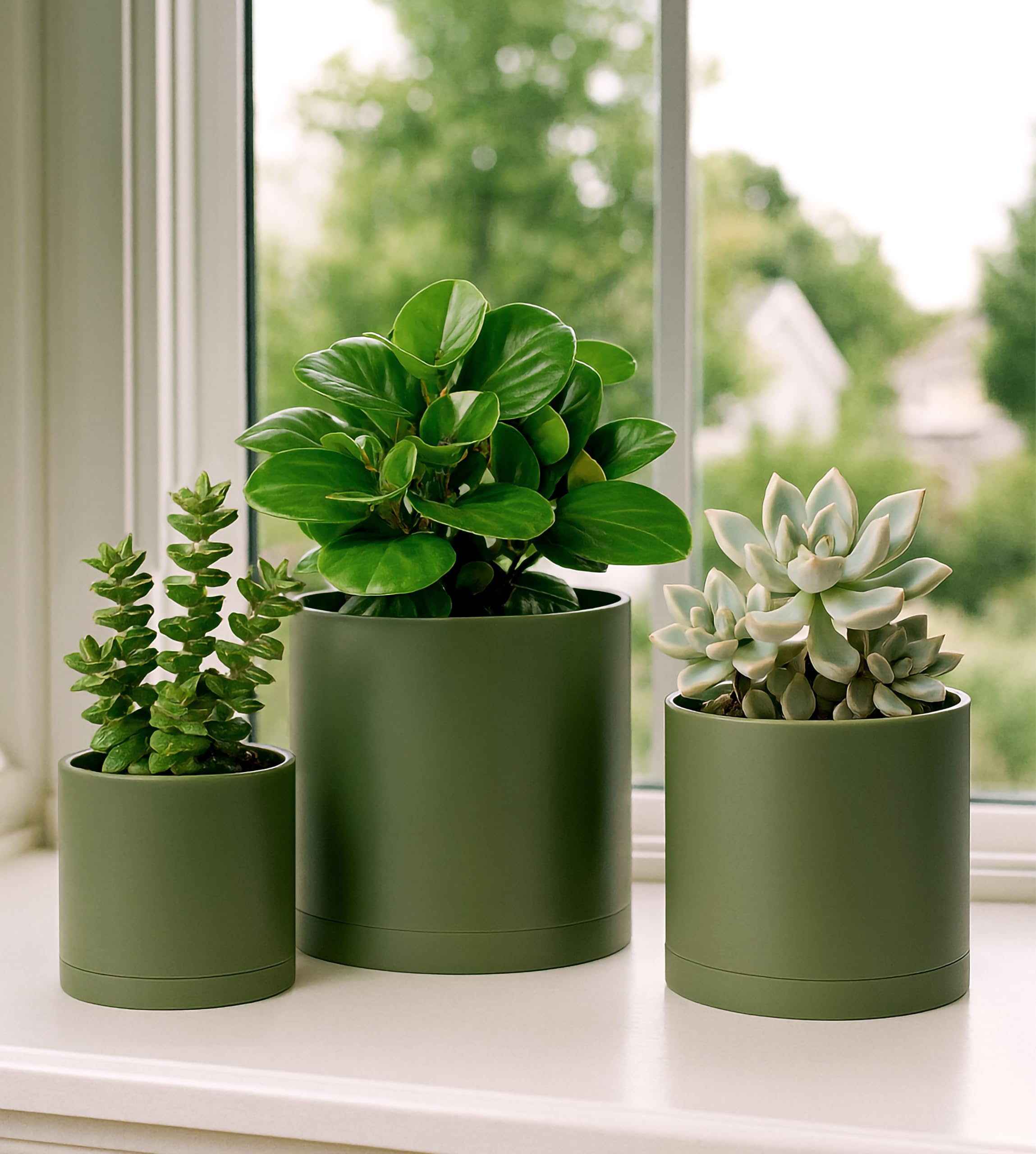 D'vine Dev 6.5 Inch 8 Inch 10 Inch, Set of 3 Plastic Planter Pots for Plants with Drainage Hole and Seamless Saucers, Black Color, Large, 74-V-B-4