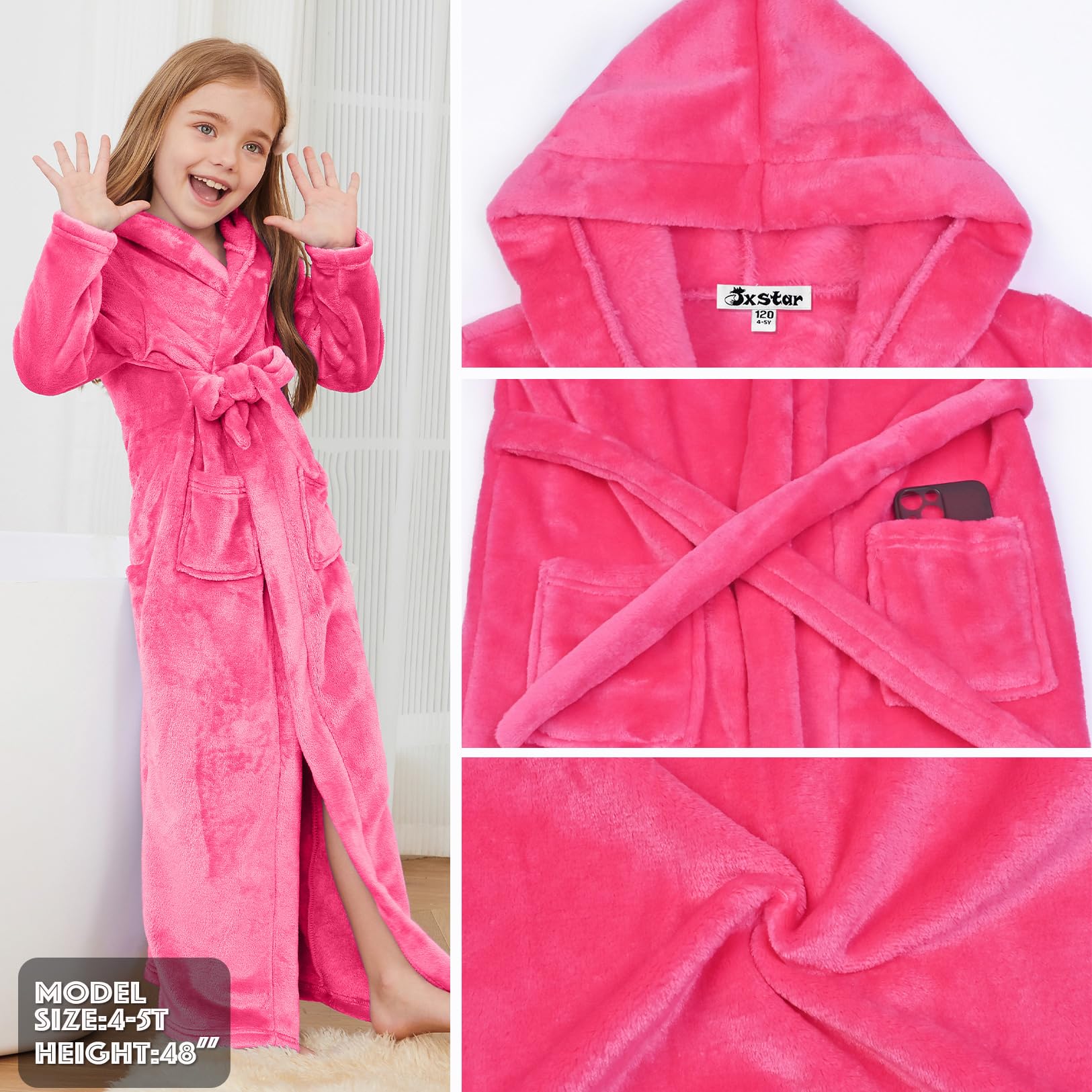 Jxstar Girls Bathrobes Kids Long Hooded Robes Plush Full Length Coral Fleece Pajamas Sleepwear