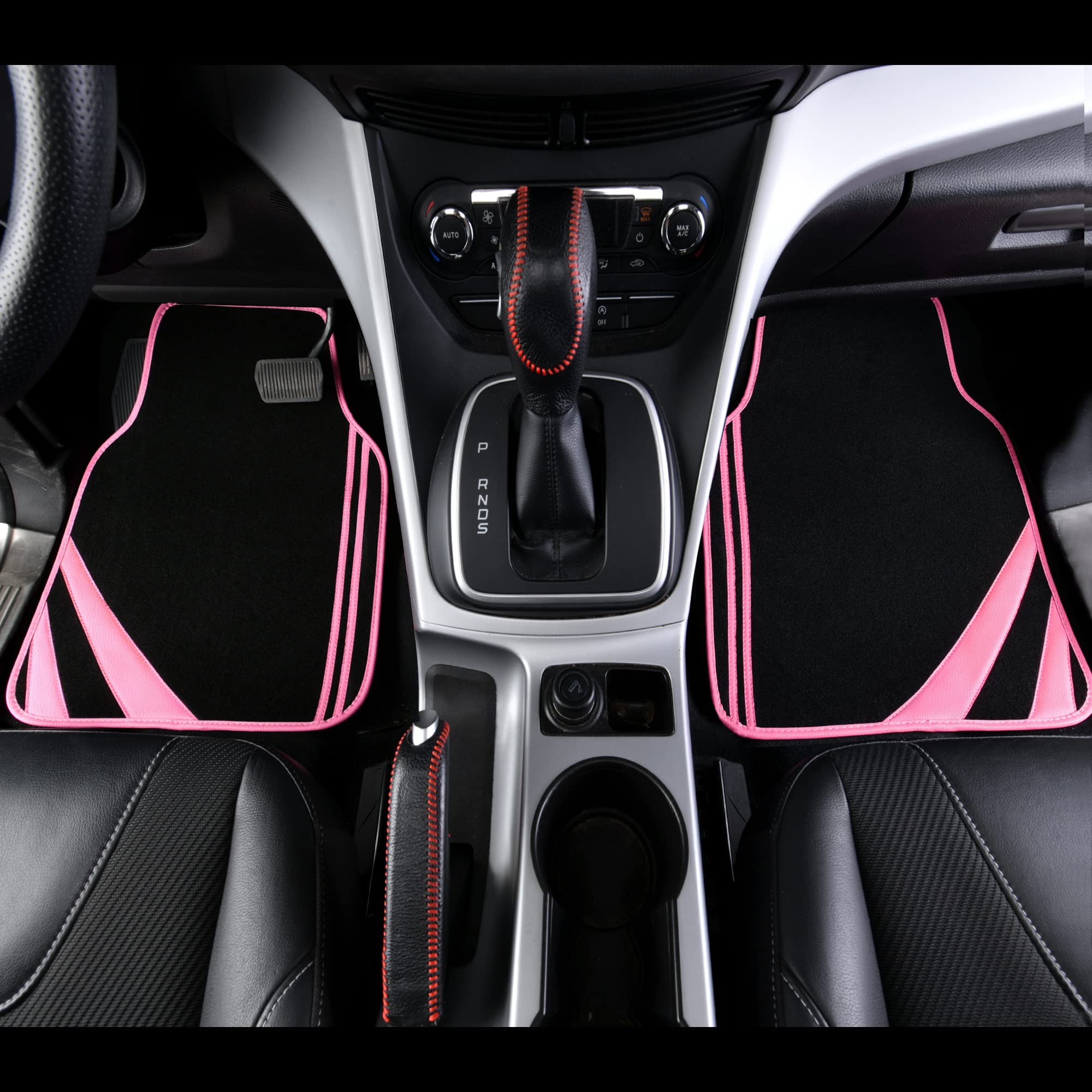 CAR PASS Car Seat Covers Full Set for Women Girls with Waterproof Car Floor Mats,Anti-Slip Leather Steering Wheel Cover,Universal Fit for SUVs,Vans,Trucks,Sedans,Cars (Combo Set,Black & Pink)