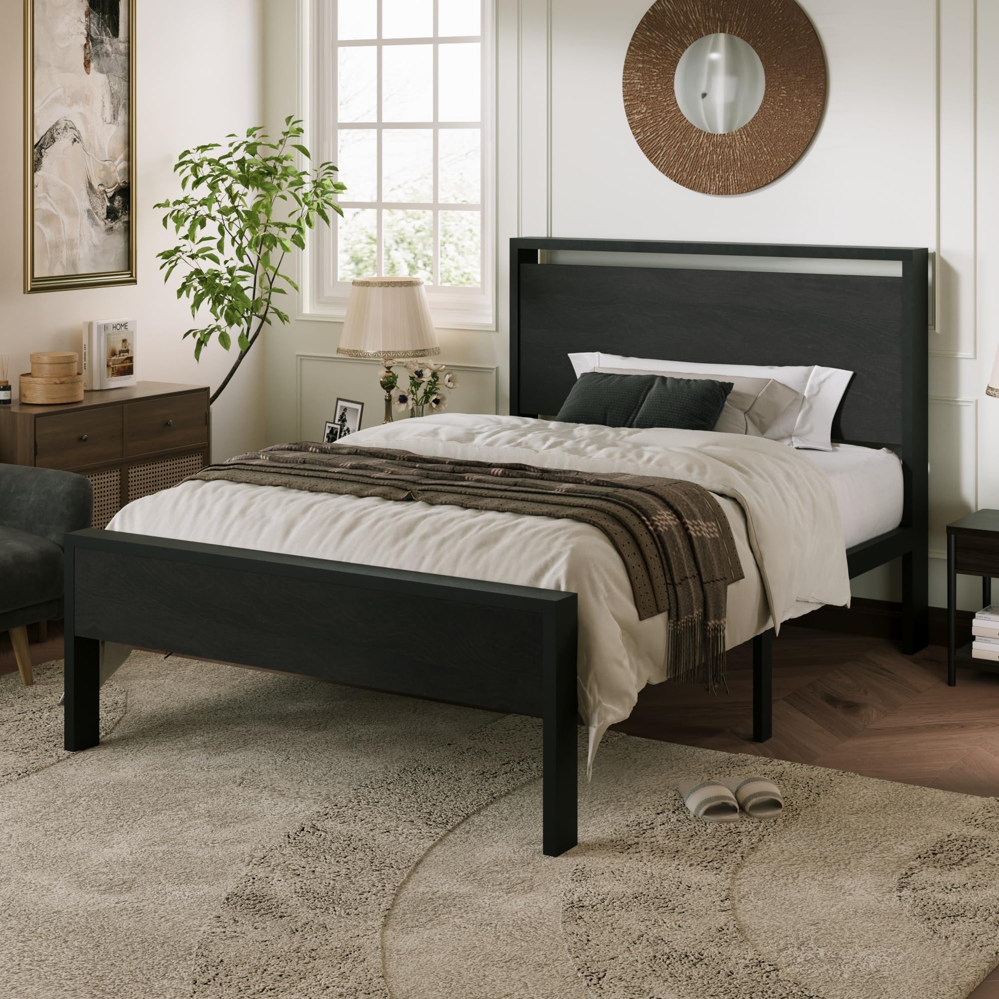 Allewie Twin Size Platform Bed Frame with Wooden Headboard and Footboard, Heavy Duty Metal Slats Support, No Box Spring Needed, Under-Bed Storage, Noise Free, Easy Assembly, Black Oak