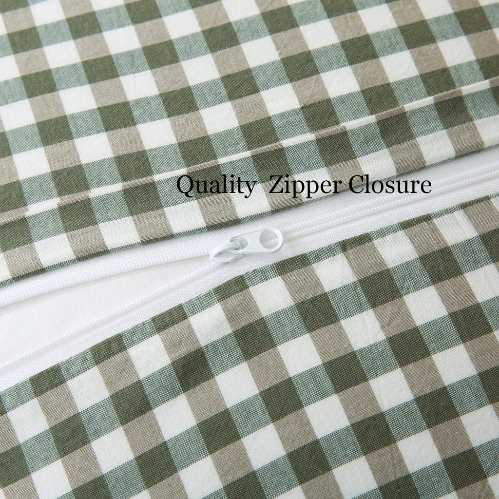 Silnuo Green/White Plaid Ruffled Queen Size Pillow Shams Set of 2,Washed Cotton Shabby Checkered Gingham Farmhouse Bed Pillow Covers 20"x30"