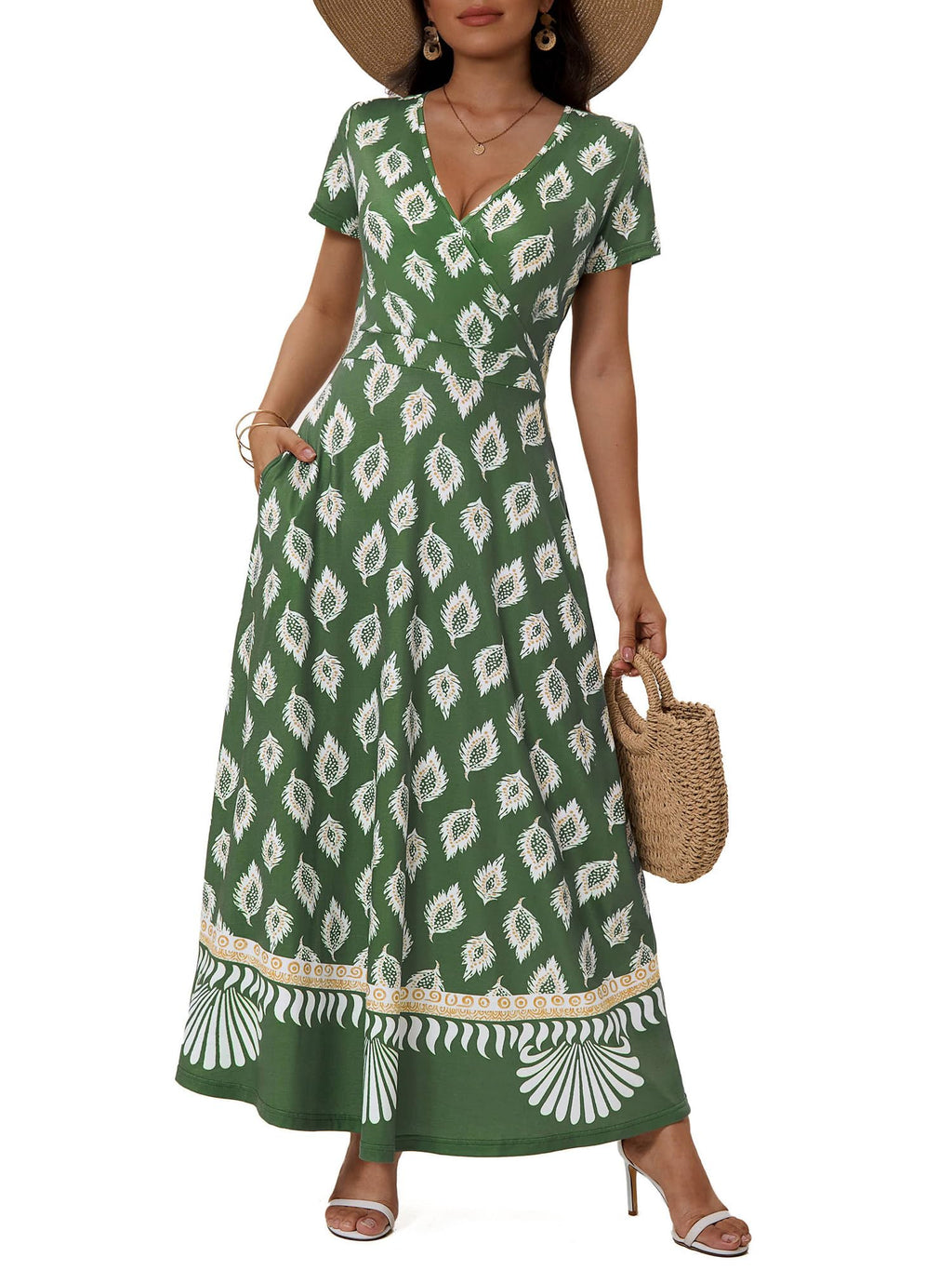 HUHOT Women's Short Sleeve Wrap V Neck Dresses for Wedding Guest Summer Floral Maxi Sundresses with Pockets Boho Dress