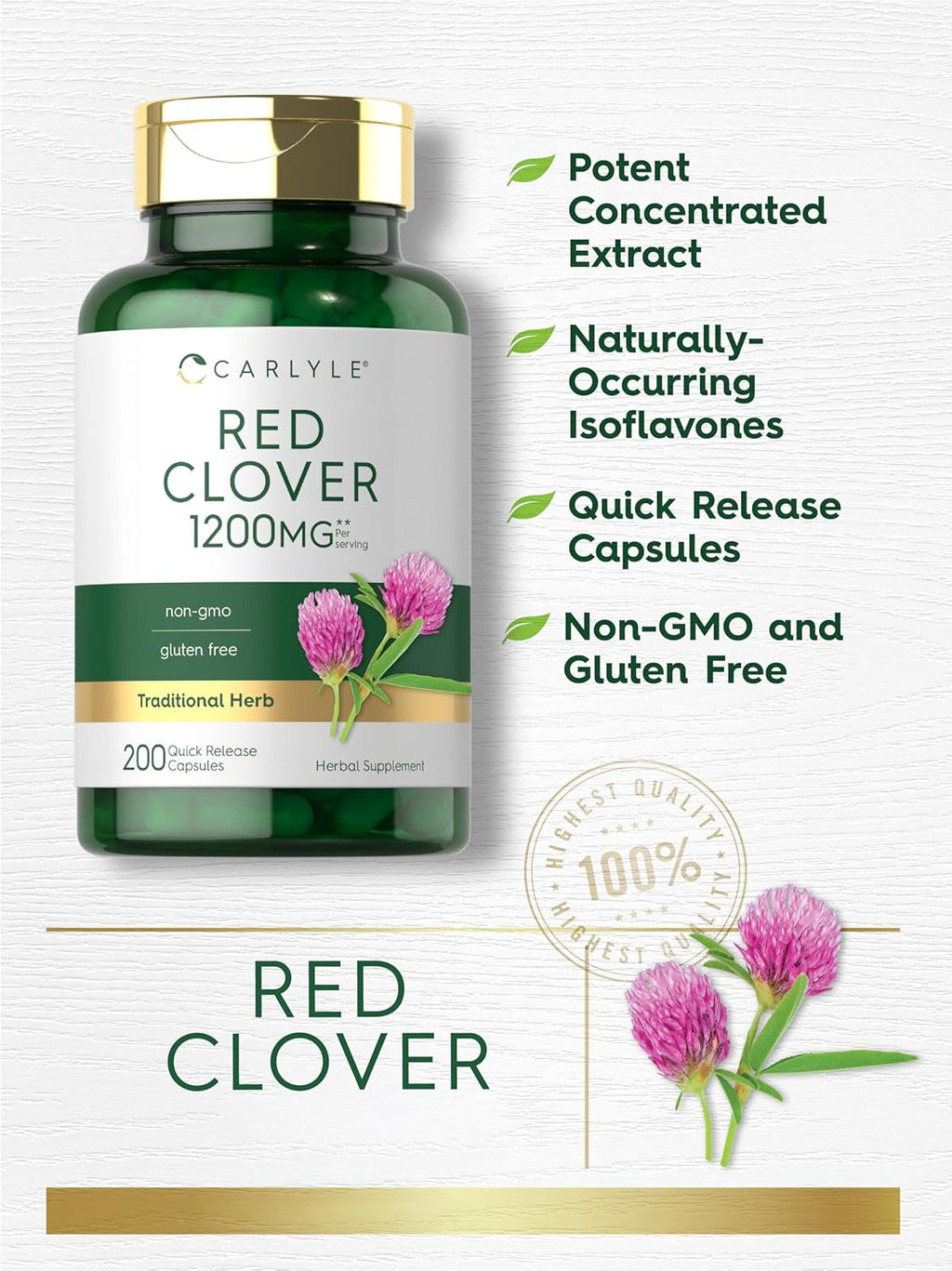 Carlyle Red Clover Capsules | 200 Count | Trifolium Pratense | Blossom Extract Supplement | Non-GMO, Gluten Free