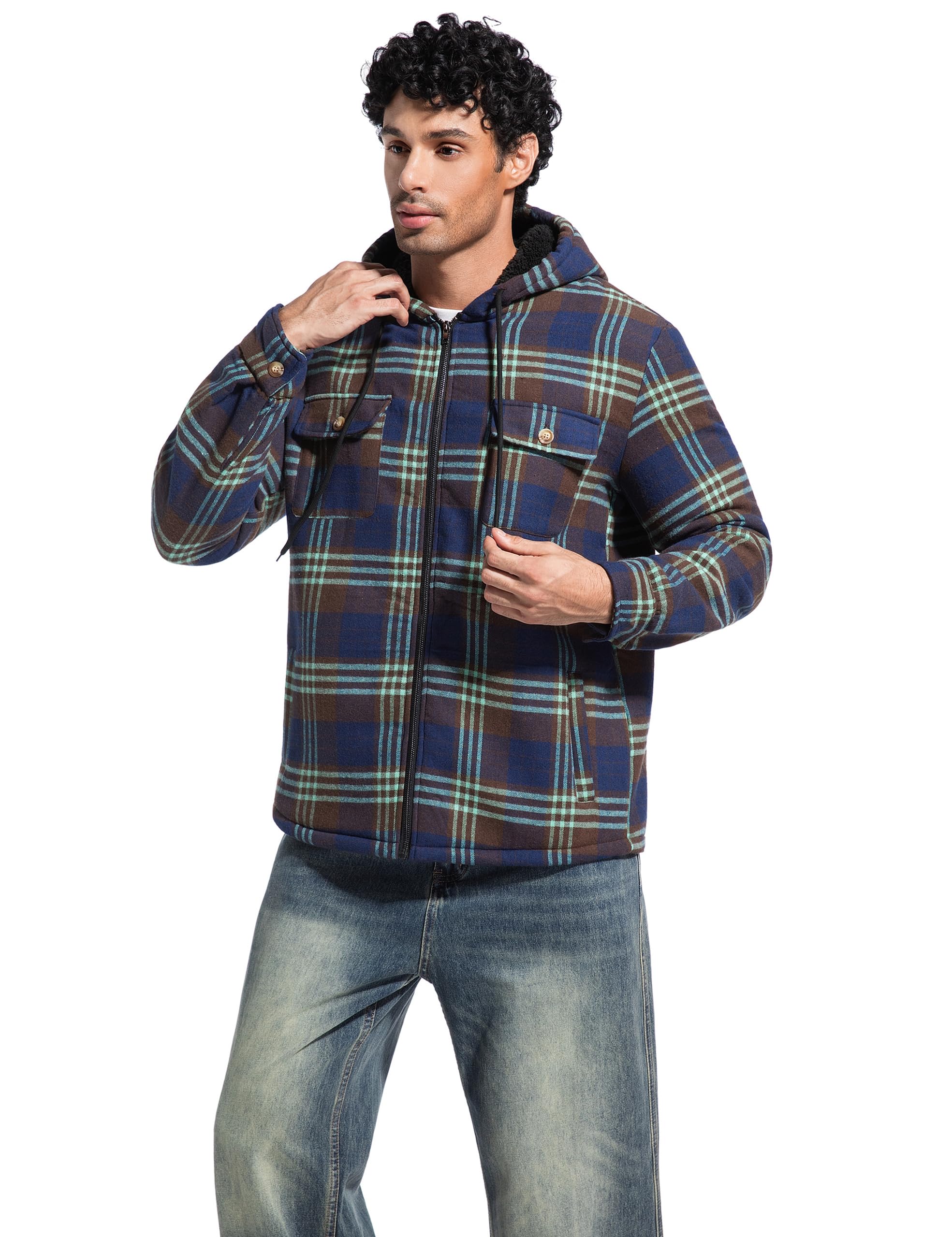 Men's Flannel Plaid Hooded Jackets Full Zip Sherpa Fleece Lined Hoodies Fashion Warm Coat
