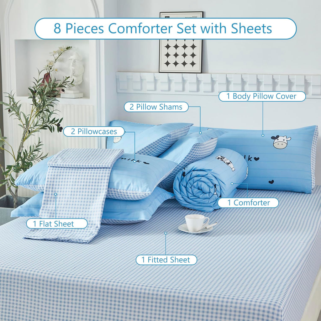 SUCSES Full Size Comforter Set with Sheets 8 Piece Cow Print Bedding Set for Boys Girls Black and White Kids Bed-in-A-Bag Farmhouse Rustic Bed Set for Bedroom (Milk Cow, Full)