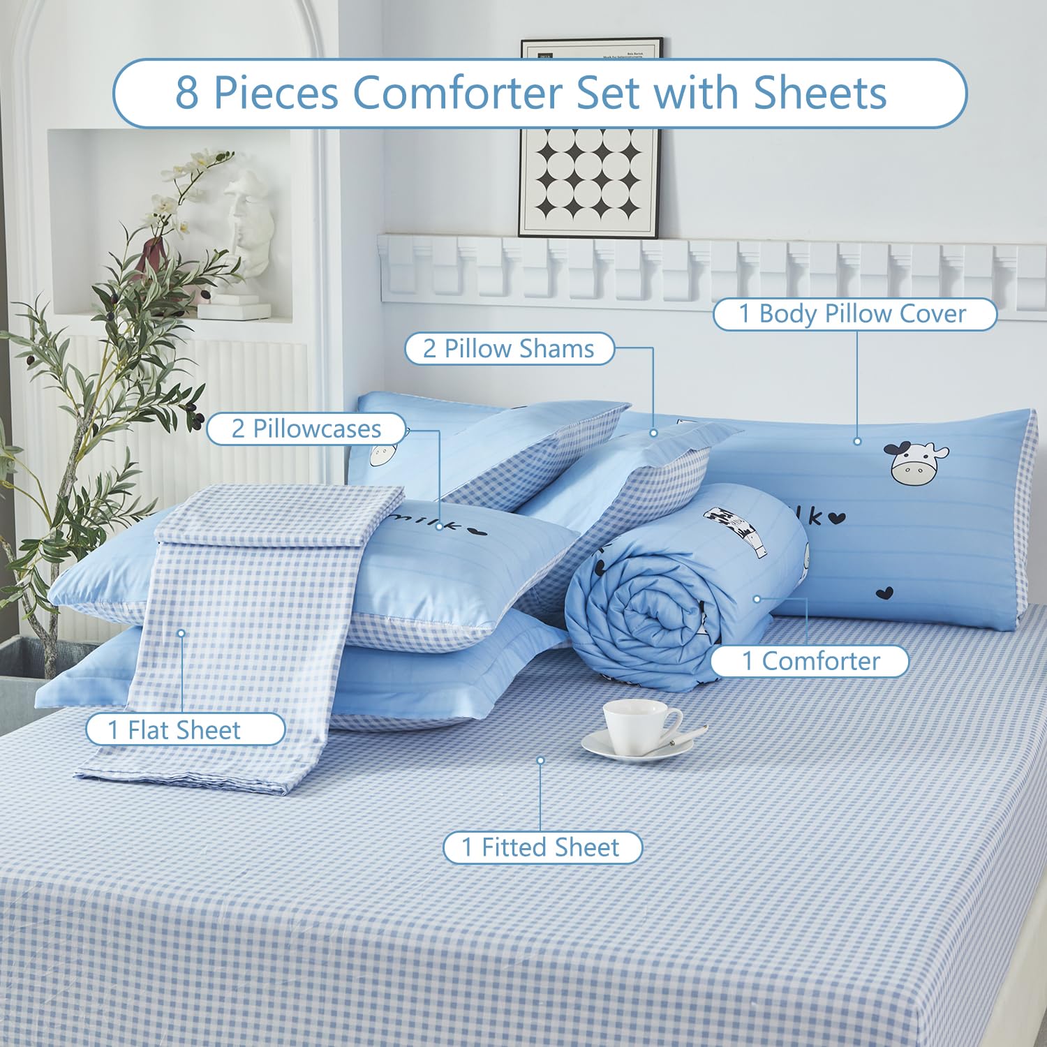 SUCSES Full Size Comforter Set with Sheets 8 Piece Cow Print Bedding Set for Boys Girls Black and White Kids Bed-in-A-Bag Farmhouse Rustic Bed Set for Bedroom (Milk Cow, Full)