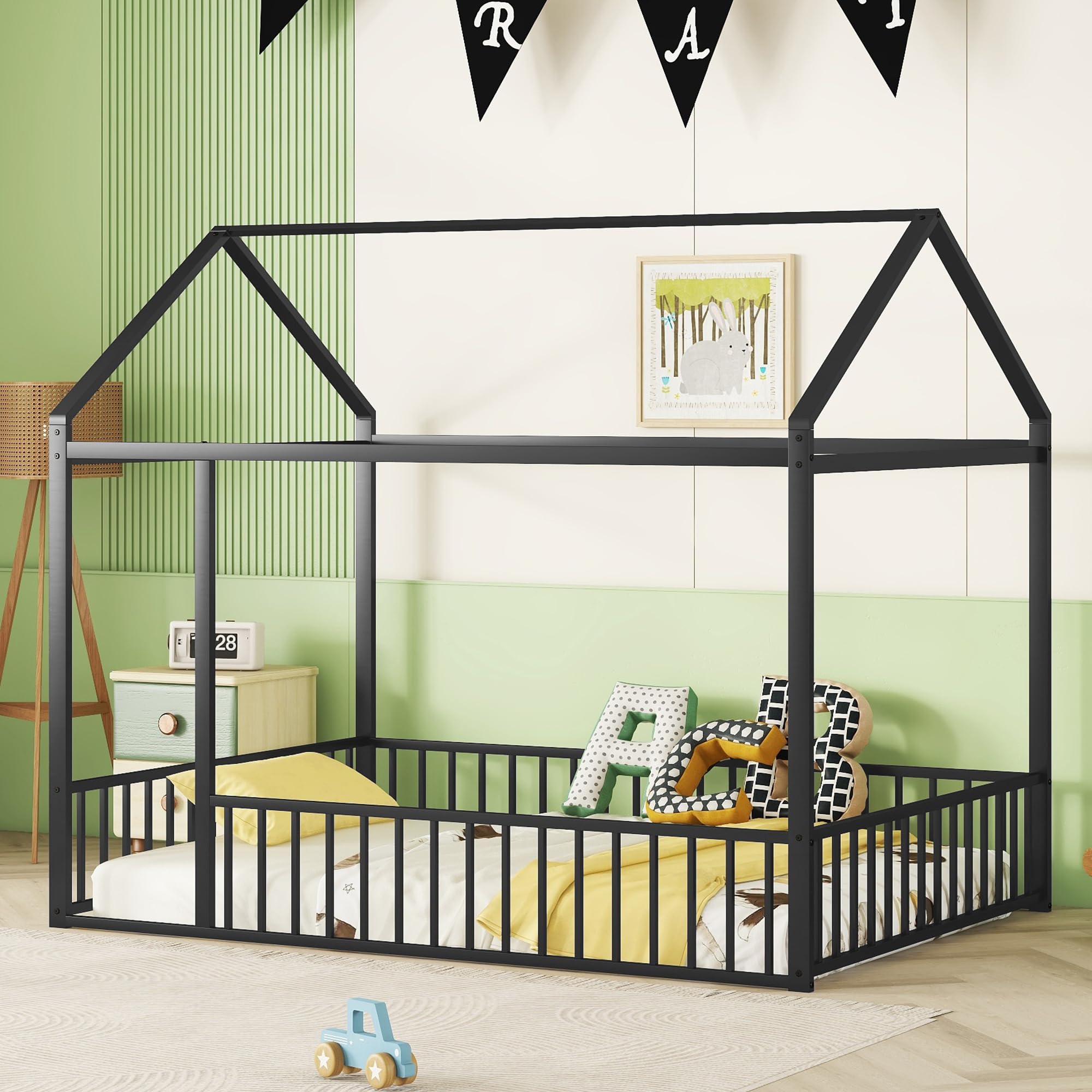 Bellemave Twin Size Montessori Floor Bed, Metal House Bed Framefor Kids, Montessori Floor Beds with Fence, Playhouse for Kids,Black