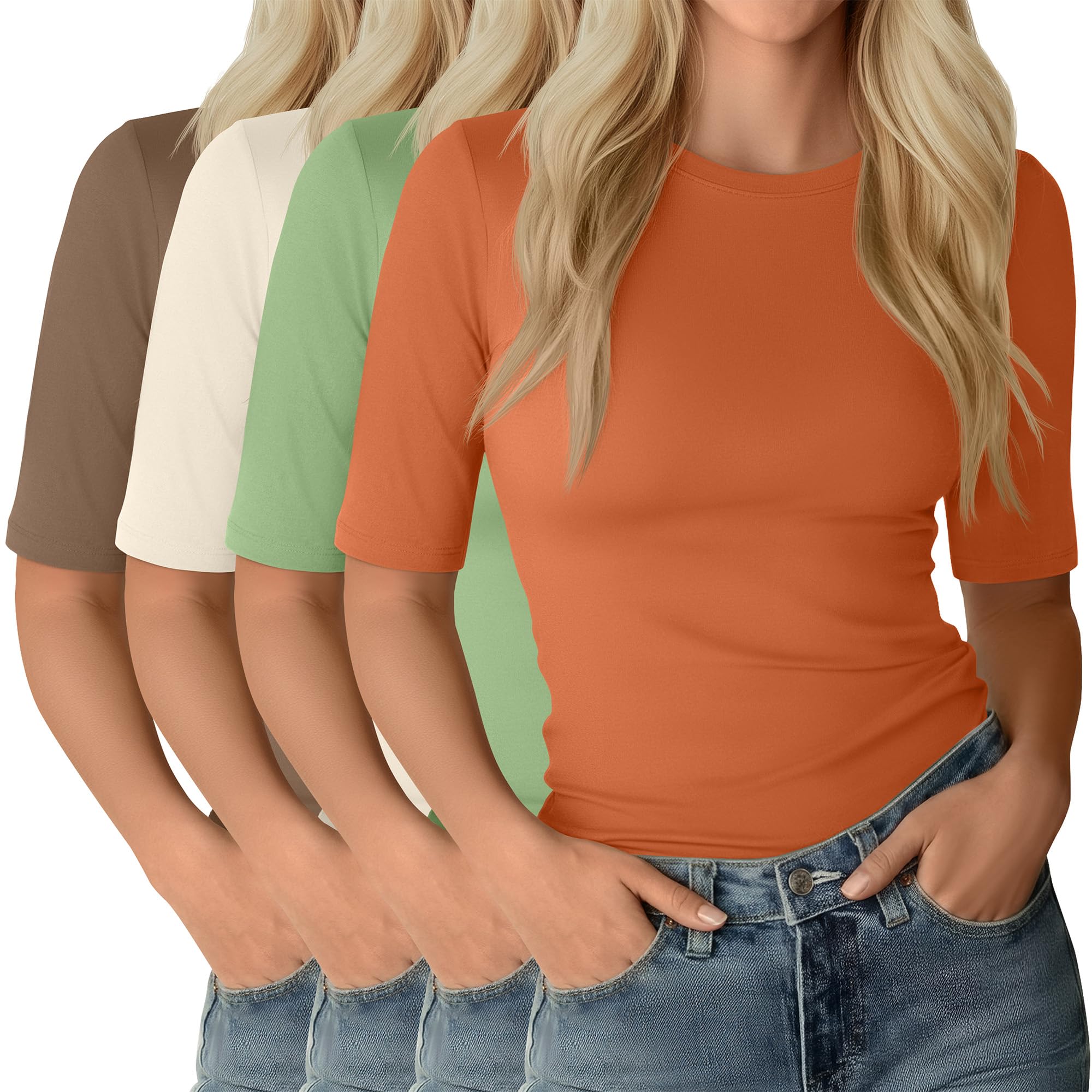 Neer 4 Pack Women's Half Sleeve Tops Elbow Length Slim Fit Crewneck T-Shirts 1/2 Sleeve Casual Summer Basic Tees