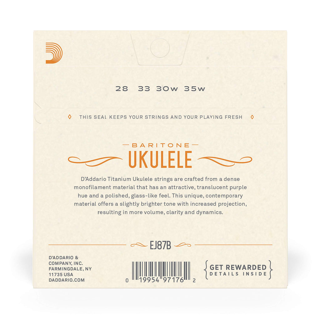 D'Addario Baritone Ukulele Strings, Fluorocarbon, EJ99B, 4-String Set, Pack of 1
